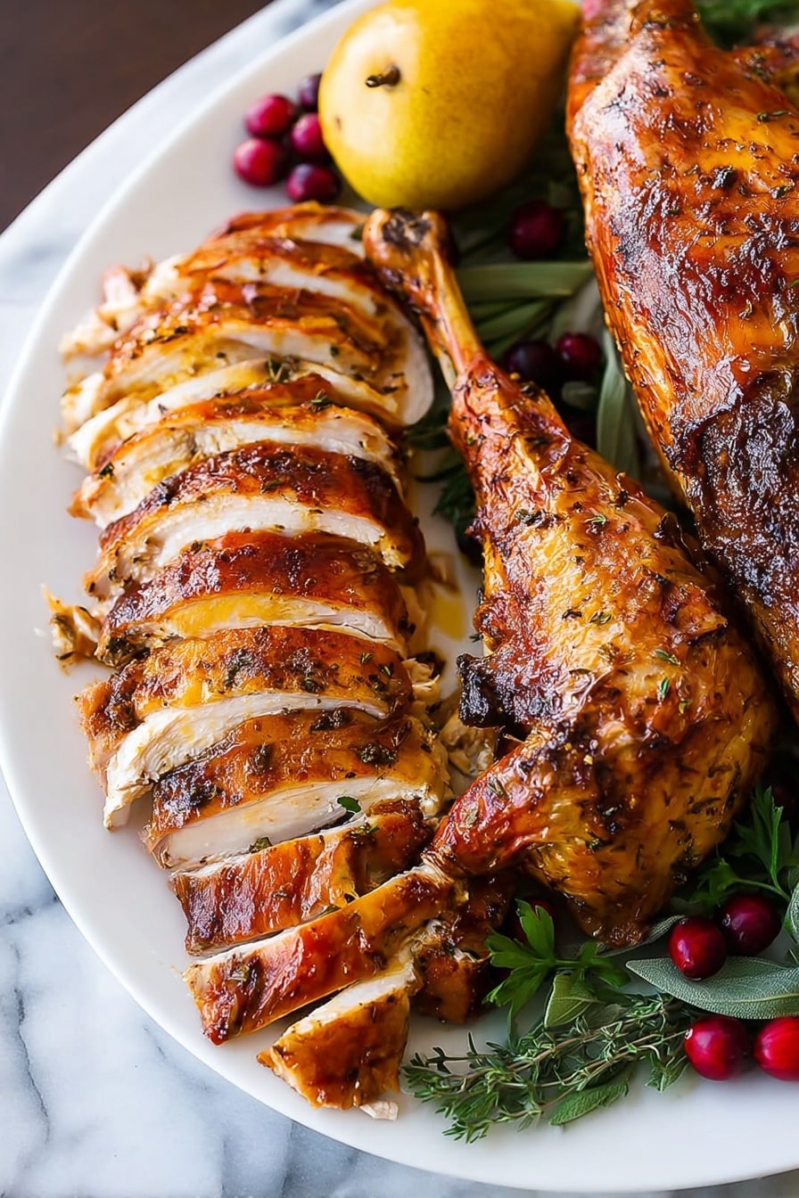 A white plate holds a large roasted turkey with a golden brown crispy skin, sliced into even pieces showing juicy white meat inside. The turkey leg and wing are still whole and placed around the sliced breast. On the plate next to the turkey, there is a yellow pear and small red cranberries, with fresh green herb leaves scattered around, all resting on a white marbled surface. The turkey skin has a slightly charred and glistening texture with visible seasoning. Photo taken with an iphone --ar 2:3 --v 7 - Herb Roasted Turkey, flavorful turkey roast, holiday turkey recipe, herb-infused turkey, juicy roasted turkey