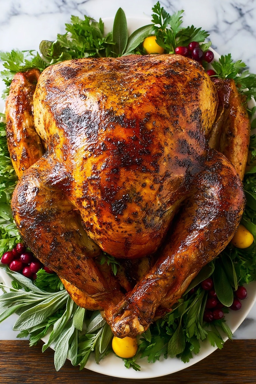 A whole roasted turkey with a golden brown, slightly shiny and crispy skin with dark brown seasoning spots covering the entire outer surface. The turkey is centered on a white plate and surrounded by fresh green leafy herbs like parsley and sage, along with clusters of bright red cranberries and small yellow fruits. The background is a white marbled texture. The turkey’s wings and legs are tucked in close to the body, and the overall look is warm, rich, and inviting. Photo taken with an iphone --ar 2:3 --v 7 - Herb Roasted Turkey, flavorful turkey roast, holiday turkey recipe, herb-infused turkey, juicy roasted turkey