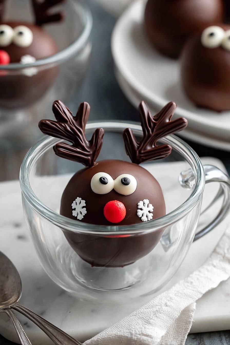 A round chocolate ball with a smooth, dark brown shiny surface sits in a clear glass cup. On top, there are two white candy eyes with black dots in the middle, a small bright red candy nose in front, and two small white snowflake shapes on each side of the nose. The ball is decorated with two dark chocolate antlers made from solid chocolate pieces, placed on top of the ball like a reindeer's antlers. The cup is on a white marbled surface, with a white cloth and a silver spoon nearby. In the background, a white plate holds more chocolate balls, also decorated similarly. Photo taken with an iphone --ar 2:3 --v 7 - Hot Chocolate Bombs, Hot Chocolate Bombs Recipe, Easy Hot Chocolate Bombs, Homemade Hot Chocolate Bombs, Christmas Hot Chocolate Bombs