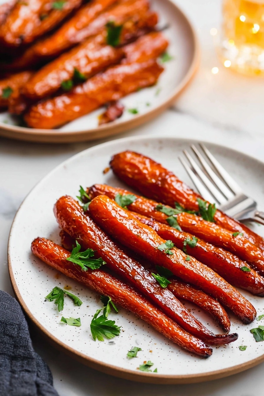 The image shows a white speckled plate with about eight long, shiny roasted carrots placed in a slightly spread layer, each carrot having a deep orange color and a glazed texture that catches the light. Small pieces of fresh green parsley leaves are scattered on top, adding a splash of green contrast. On the right edge of the plate, there is a silver fork resting gently. In the background, another white plate filled with similar roasted carrots is partially visible, all set on a white marbled surface with a soft, warm light illuminating the scene. Photo taken with an iphone --ar 2:3 --v 7 - Maple Roasted Carrots, roasted carrot side dish, sweet roasted carrots, healthy vegetable recipes, festive side dishes