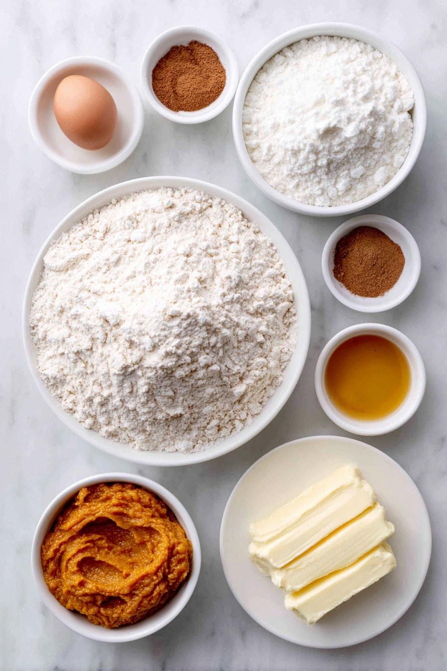 Flat lay of a small mound of white whole wheat flour, a white ceramic bowl with light brown baking powder, a small white bowl containing ground cinnamon, another small white bowl with ground nutmeg, a pinch of salt scattered neatly, a small white bowl of creamy milk, a smooth dollop of bright orange pumpkin purée on a white plate, a single whole uncracked brown egg, a small white bowl filled with golden maple syrup, a small white bowl of pale vanilla extract, and a white plate holding two tablespoons of melted butter, arranged symmetrically on a clean white marble surface, soft natural light, photo taken with an iPhone, professional food photography style, fresh ingredients, white ceramic bowls, no bottles, no duplicates, no utensils, no packaging --ar 2:3 --v 7 --p awthu7i m7354615311229779997 - Whole Wheat Pumpkin Pancakes, healthy pumpkin pancake recipe, fluffy pumpkin pancakes, autumn breakfast ideas, wholesome fall breakfast