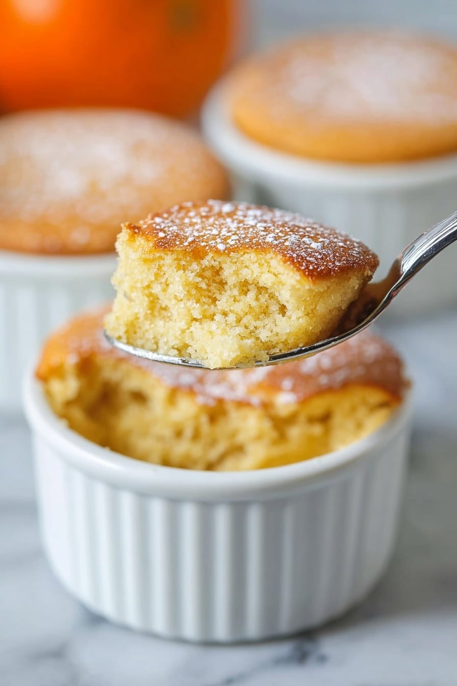 The image shows a white ramekin filled with a soft, light brown baked dessert that has a slightly rough texture on top with some small bubbles and a dusting of white powder. A spoon holds a scoop of the dessert above the ramekin, showing the crumbly yet moist inside with an even light golden-brown color. In the background, two more white ramekins with the same dessert can be seen softly blurred, all placed on a white marbled surface, and an orange object is faintly visible behind them. photo taken with an iphone --ar 2:3 --v 7 - Pumpkin Souffle, pumpkin souffle recipe, fall dessert ideas, easy pumpkin desserts, fluffy pumpkin souffle