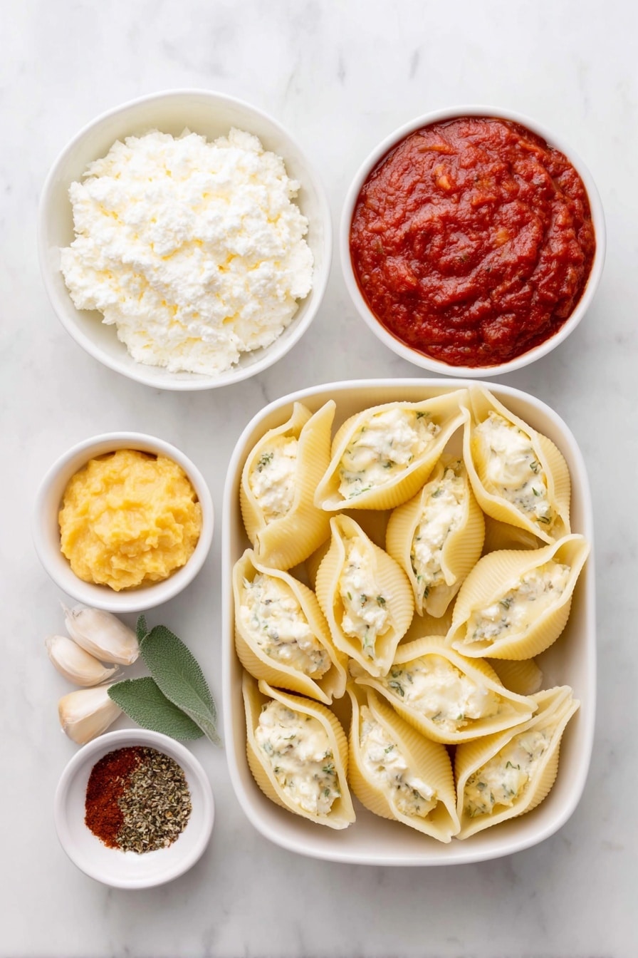 Flat lay of jumbo pasta shells, a small white bowl of whole milk ricotta cheese, a small white bowl of pumpkin puree, a small white bowl of grated parmesan cheese, two cloves of garlic, a few fresh sage leaves finely minced, a small white bowl of vibrant red marinara sauce, a pinch each of ground cinnamon and ground nutmeg, coarse salt and cracked black pepper arranged neatly in small white bowls, placed on a clean white marble surface, soft natural light, photo taken with an iPhone, professional food photography style, fresh ingredients, white ceramic bowls, no bottles, no duplicates, no utensils, no packaging --ar 2:3 --v 7 --p awthu7i m7354615311229779997 - Pumpkin Ricotta Stuffed Shells, Pumpkin stuffed pasta recipes, Autumn comfort food, Fall pumpkin dinner ideas, Easy stuffed shells with pumpkin