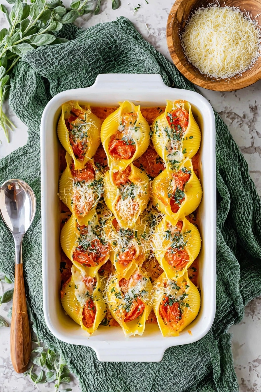 The image shows a white rectangular baking dish filled with bright yellow pasta shells arranged in two neat rows, each stuffed and topped with orange tomato slices and sprinkled with grated white cheese and small green herb pieces. The dish sits on a green cloth over a white marbled surface, with a wooden bowl of grated cheese to the right and a spoon with a wooden handle to the left. Fresh green herb leaves are also scattered around the setup. Photo taken with an iphone --ar 2:3 --v 7 - Pumpkin Ricotta Stuffed Shells, Pumpkin stuffed pasta recipes, Autumn comfort food, Fall pumpkin dinner ideas, Easy stuffed shells with pumpkin