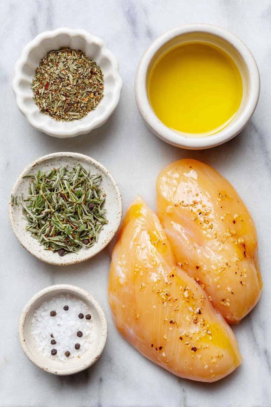 Flat lay of two boneless, skinless chicken breasts with a light sheen of oil, a small white ceramic bowl filled with golden olive oil, a small white ceramic bowl containing a mixed heap of dried basil, thyme, and oregano herbs, a small white ceramic bowl with fine garlic powder, a small white ceramic bowl with coarse sea salt and freshly cracked black peppercorns, arranged symmetrically on a clean white marble surface, soft natural light, photo taken with an iPhone, professional food photography style, fresh ingredients, white ceramic bowls, no bottles, no duplicates, no utensils, no packaging --ar 2:3 --v 7 --p awthu7i m7354615311229779997 - Herb Baked Chicken Breast, baked chicken breast, juicy chicken recipes, healthy chicken main dishes, easy chicken dinner ideas