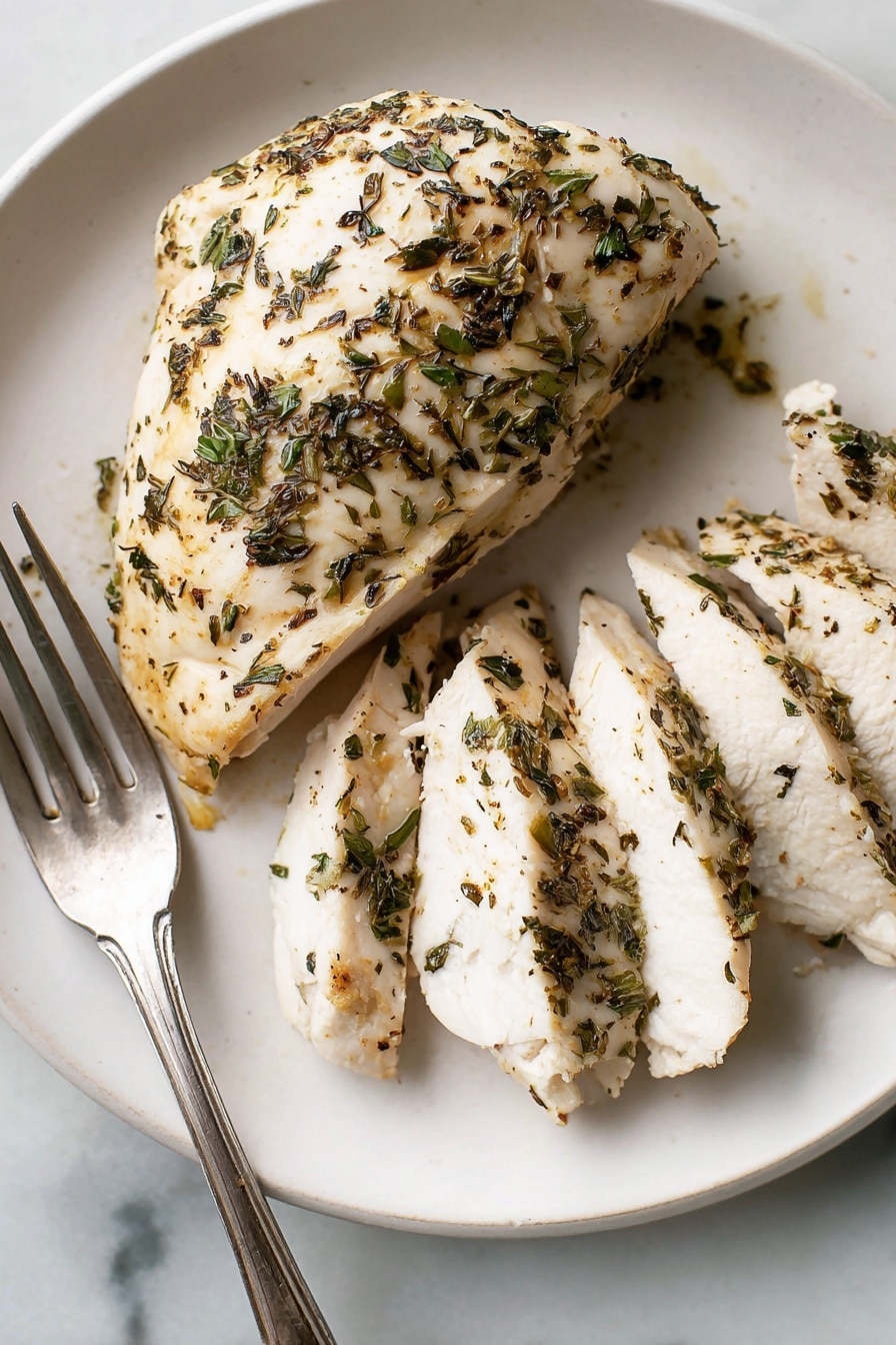 Two cooked chicken breasts with a light golden color are placed side by side in a white square baking dish. The chicken is sprinkled with small bits of dark green and brown herbs that cover the top surface of each piece. Some orange-brown spots of cooked juices and herbs stick lightly to the bottom and sides of the dish. A pair of silver tongs rests near the top right corner of the dish on a white marbled surface. The overall setting has a clean, simple look with soft lighting. photo taken with an iphone --ar 2:3 --v 7 - Herb Baked Chicken Breast, baked chicken breast, juicy chicken recipes, healthy chicken main dishes, easy chicken dinner ideas