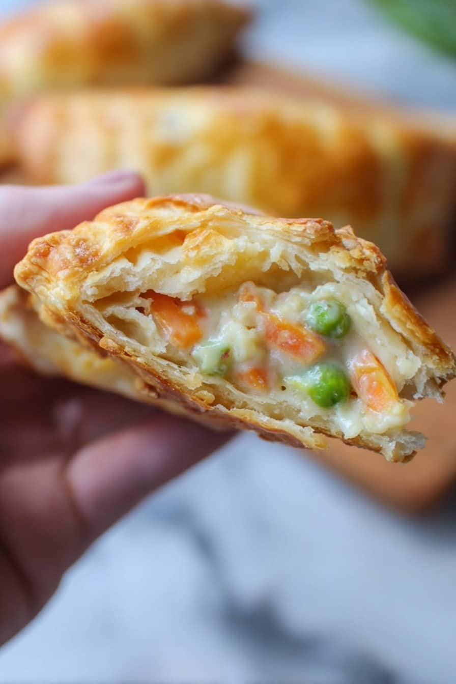 A close-up of a woman's hand holding a half-eaten pastry with a golden brown crust. Inside the pastry, there are three visible layers: a creamy white sauce, mixed with small chunks of orange carrots and bright green peas. The background shows blurred white marbled texture with shapes of other pastries. photo taken with an iphone --ar 2:3 --v 7 - Handheld Chicken Pot Pie, portable chicken pot pie, portable savory pies, easy handheld comfort food, flaky crust chicken pie