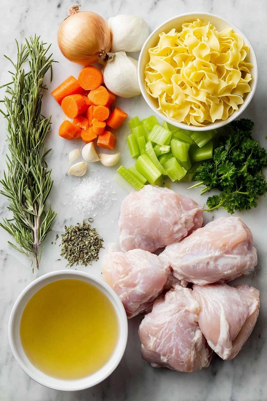 Flat lay of fresh boneless skinless chicken breasts, a large yellow onion diced into chunks, three large bright orange carrot coins, two crisp green celery ribs sliced, three peeled garlic cloves, a small heap of dried thyme leaves, a small heap of dried rosemary, a small pile of kosher salt, a small pile of ground black pepper, one whole dried bay leaf, a small white ceramic bowl filled with golden chicken broth, a small white ceramic bowl holding wide egg noodles, and a few sprigs of freshly chopped green parsley scattered nearby, all arranged symmetrically on a clean white marble surface, soft natural light, photo taken with an iPhone, professional food photography style, fresh ingredients, white ceramic bowls, no bottles, no duplicates, no utensils, no packaging --ar 2:3 --v 7 --p awthu7i m7354615311229779997 - Crockpot Chicken Noodle Soup, easy chicken noodle soup, slow cooker chicken soup, hearty chicken soup recipe, comfort food recipes