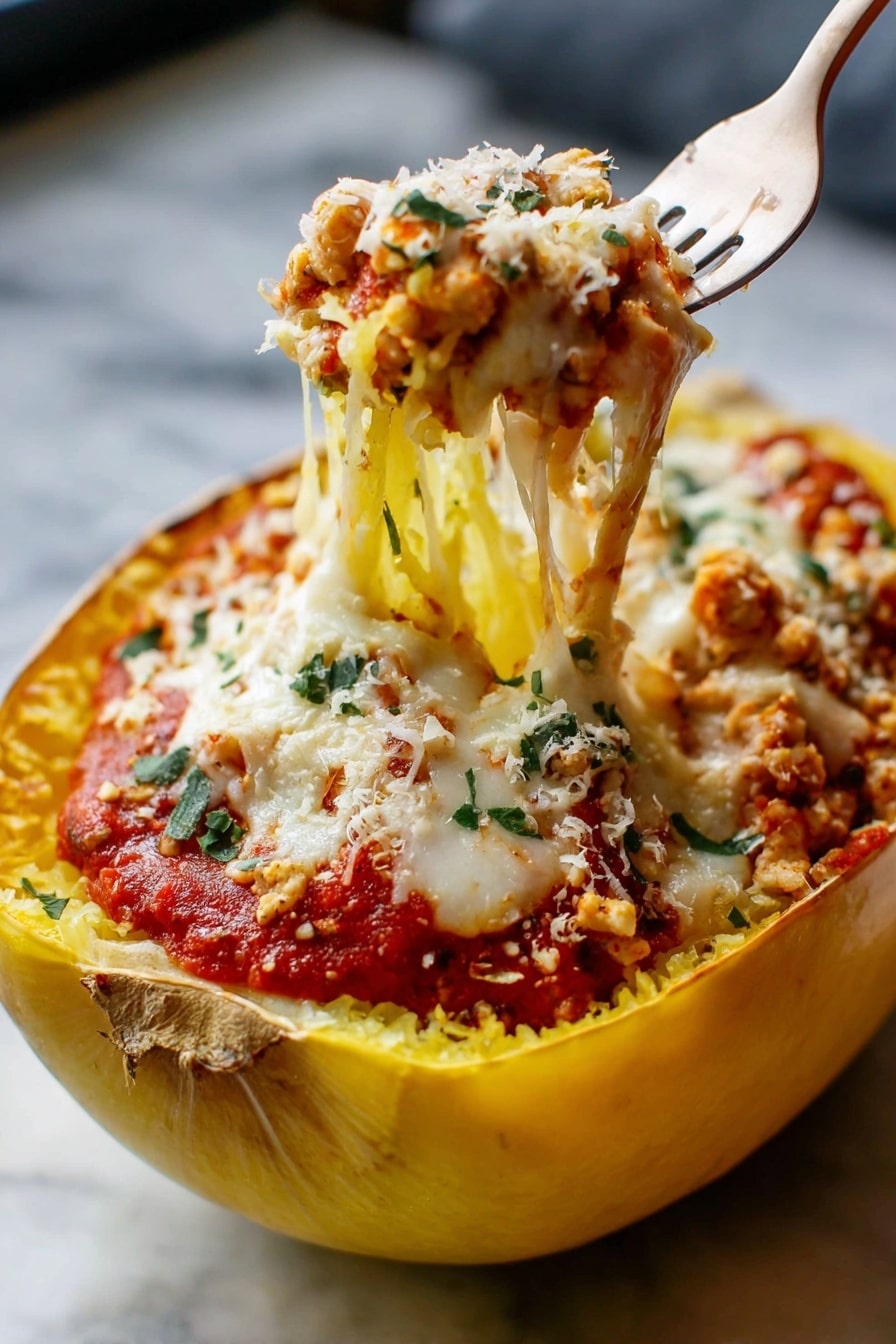 The image shows a yellow spaghetti squash half filled with multiple layers. The bottom layer is made of tender, cooked yellow spaghetti squash strands. On top of this is a thick, rich red tomato sauce mixed with small pieces of chicken and herbs. Over the sauce is a generous layer of melted white cheese that stretches as a woman's hand lifts a forkful. The top is sprinkled with a light layer of finely grated cheese and small bits of green herbs. The entire dish sits on a white marbled surface. photo taken with an iphone --ar 2:3 --v 7 - Spaghetti Squash Lasagna Bake, healthy spaghetti squash lasagna, low-carb vegetable lasagna, easy baked zucchini lasagna, gluten-free veggie lasagna
