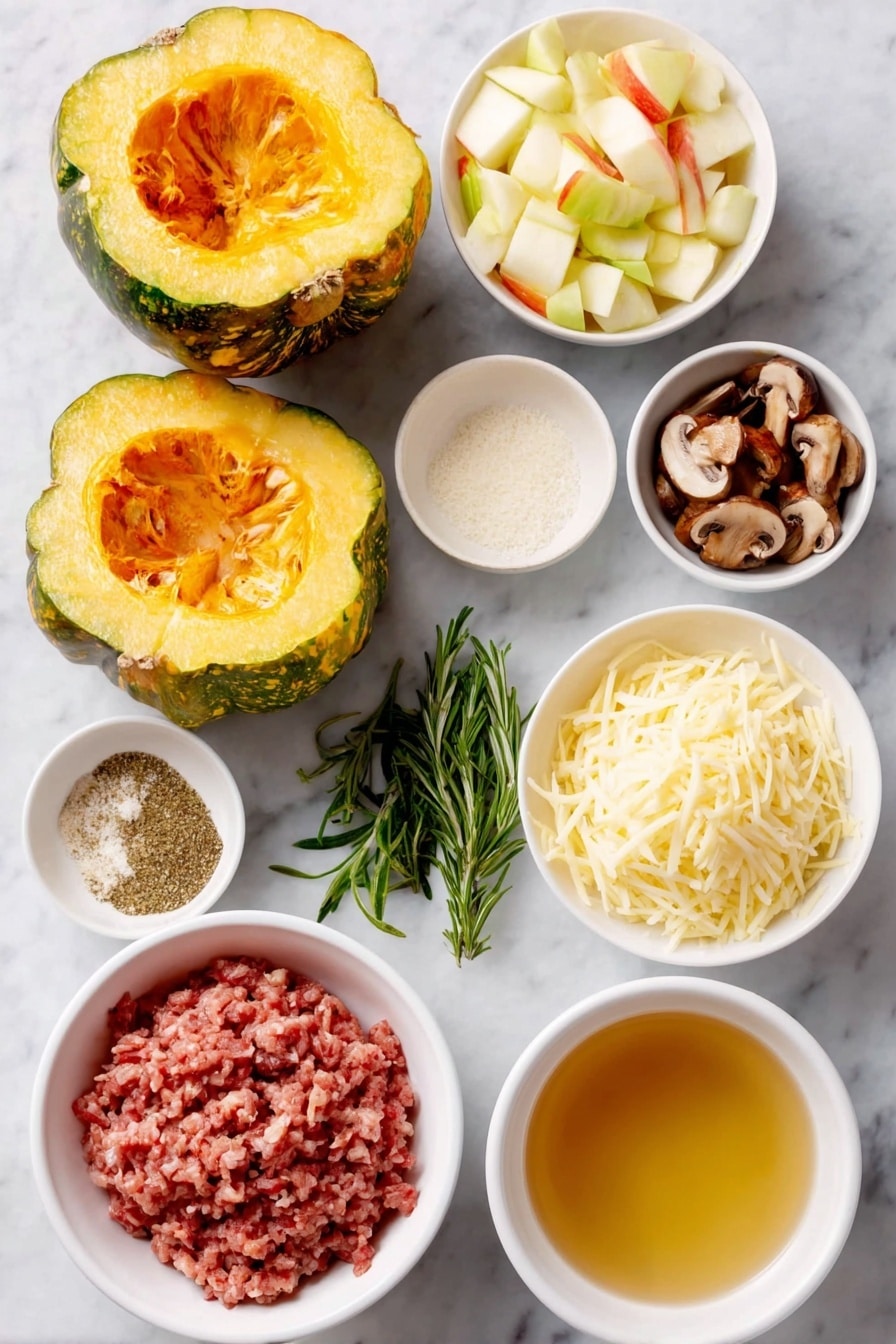 Flat lay of two halved acorn squash with bright orange flesh and green ridged skin, a small white ceramic bowl of golden olive oil, a mound of fresh ground turkey in natural pink tones, a small white bowl filled with diced baby bella mushrooms showcasing their rich brown caps and creamy stems, a small white bowl with peeled and diced honeycrisp apples showing crisp white flesh with red and yellow skin edges, a small white bowl of clear light golden chicken stock, a small bunch of finely chopped fresh rosemary sprigs with vibrant green needles, a small white bowl holding fine garlic powder in pale off-white, another small white bowl with finely ground onion powder in soft beige, a small white bowl containing black pepper in finely ground dark specks, a small white bowl with fine white salt crystals, and a neat pile of shredded cheddar cheese with pale yellow-orange strands—all arranged symmetrically and proportionally on a clean white marble surface, soft natural light, photo taken with an iPhone, professional food photography style, fresh ingredients, white ceramic bowls, no bottles, no duplicates, no utensils, no packaging --ar 2:3 --v 7 --p awthu7i m7354615311229779997 - Stuffed Acorn Squash with Turkey and Apples, healthy stuffed acorn squash, cozy turkey and apple dinner, easy stuffed squash recipe, holiday stuffed acorn squash