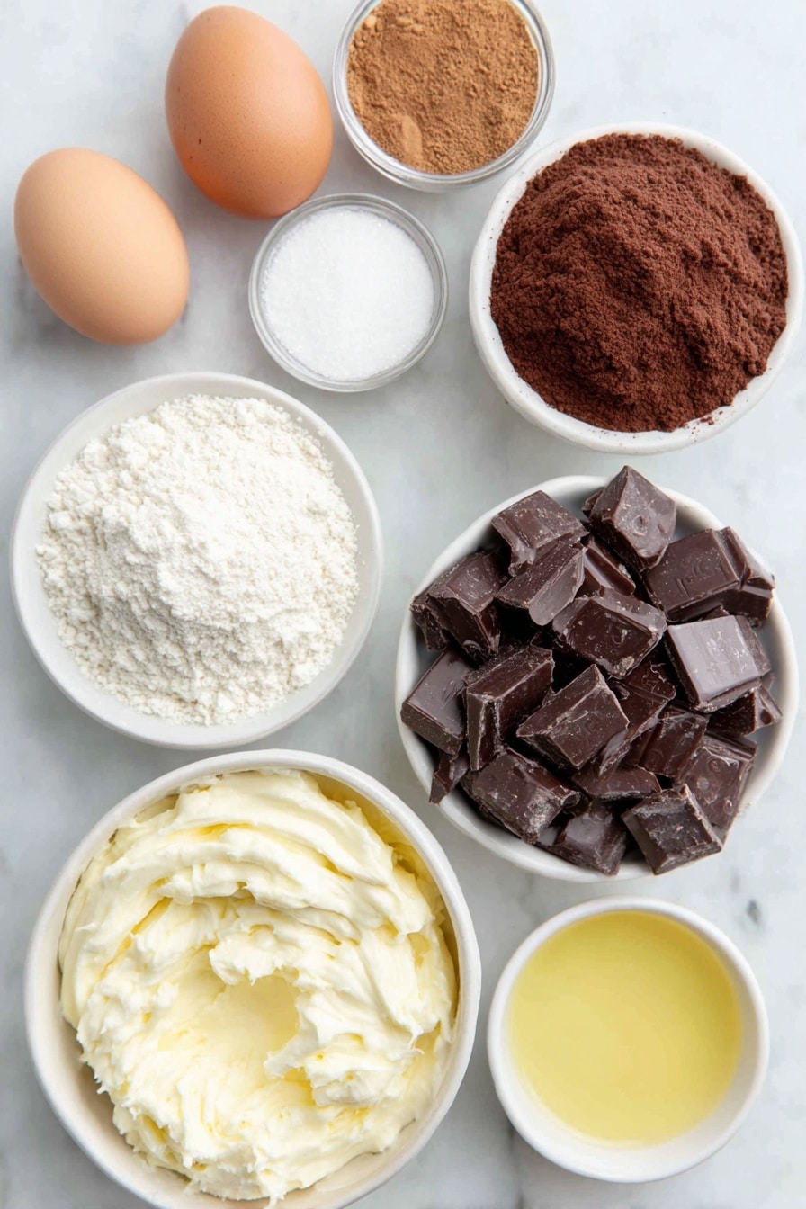 Flat lay of a few whole brown eggs with clean shells, a small white ceramic bowl of deep brown cocoa powder, a small white ceramic bowl of fine granulated sugar, a small white ceramic bowl of light beige skim milk powder, a small white ceramic bowl of smooth heavy whipping cream, a small white ceramic bowl of golden honey, a neat pile of glossy chopped semisweet dark chocolate pieces, a small white ceramic bowl of fine espresso powder, and a small white ceramic bowl of warm brown pumpkin pie spice placed on a clean white marble surface, soft natural light, photo taken with an iPhone, professional food photography style, fresh ingredients, white ceramic bowls, no bottles, no duplicates, no utensils, no packaging --ar 2:3 --v 7 --p awthu7i m7354615311229779997 - Chocolate Yule Log Cake, festive chocolate cake, holiday Yule log, Christmas dessert, rich chocolate cake