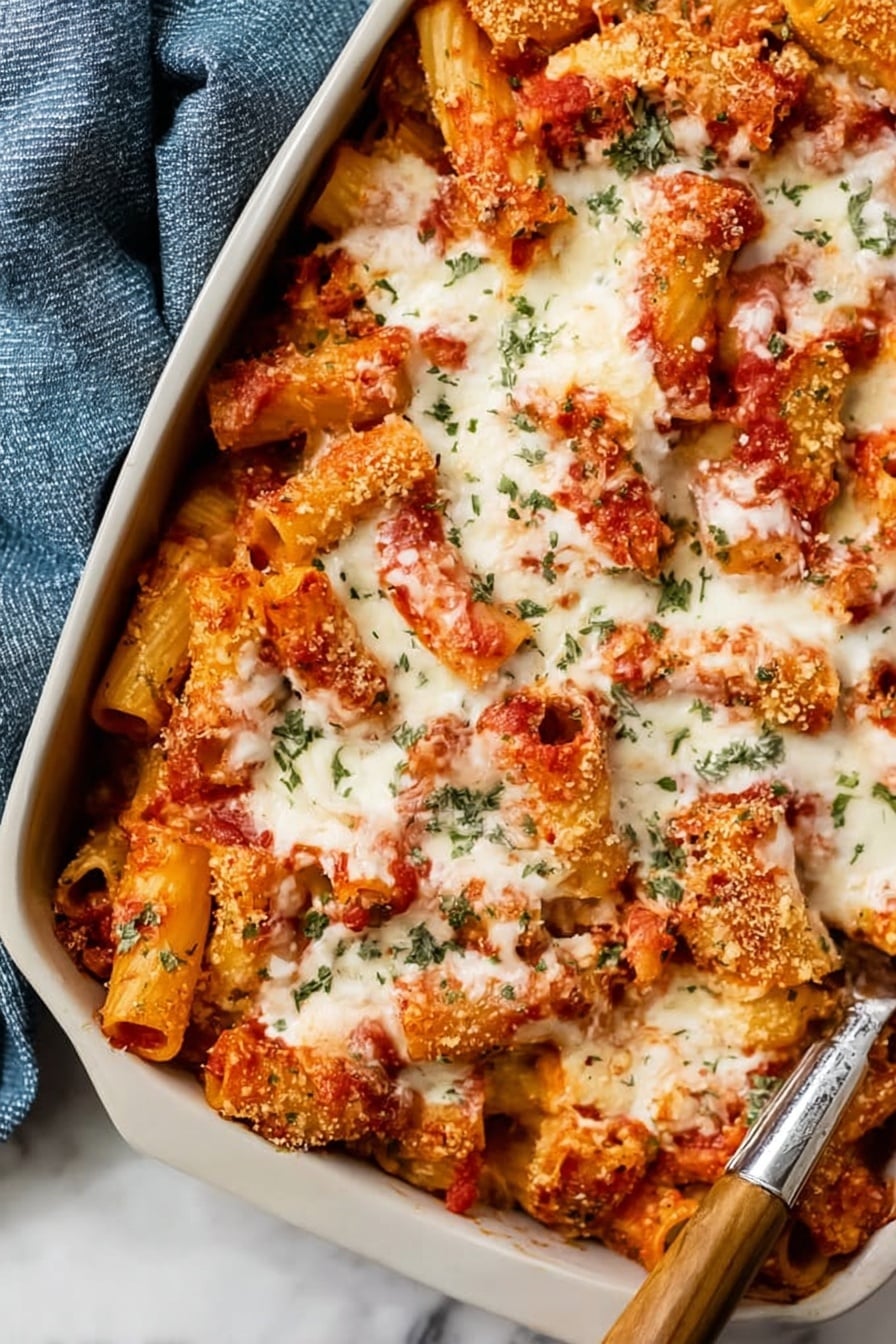 The dish shows a baking pan filled with layered pasta tubes covered in melted white cheese and red tomato sauce. The pasta tubes are golden brown with a crispy texture and are arranged closely together. There are small green herb pieces sprinkled all over the cheese and sauce, adding a fresh color contrast. The surface has an uneven texture where the cheese is melted and slightly browned on top. A silver utensil rests in the corner of the pan, and the pan is set on a white marbled surface with a blue cloth nearby. Photo taken with an iphone --ar 2:3 --v 7 - Cheesy Chicken Parmesan Casserole, Chicken Parmesan casserole, cheesy chicken bake, Italian chicken casserole, easy comfort food recipes