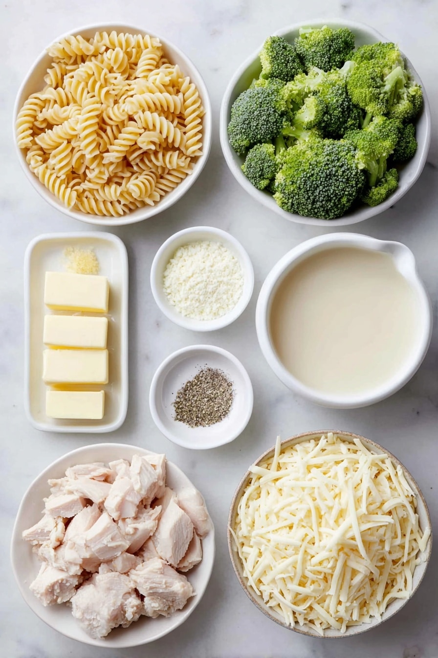 Flat lay of a small pile of uncooked rotini pasta spirals, fresh bright green broccoli florets cut into bite-size pieces, three glossy unsalted butter cubes, a small mound of finely chopped yellow onion, a small heap of all-purpose flour, a small white ceramic bowl filled with pale golden chicken broth, another small white ceramic bowl holding creamy whole milk, a tiny white ceramic bowl with mixed Italian seasoning herbs, a separate tiny white ceramic bowl containing fine garlic powder, a small white ceramic bowl with coarse salt crystals, another small white ceramic bowl with ground black pepper, bite-size pieces of cooked chicken breast arranged naturally, and a neat pile of shredded sharp cheddar cheese, all arranged symmetrically and balanced on a clean white marble surface, soft natural light, photo taken with an iPhone, professional food photography style, fresh ingredients, white ceramic bowls, no bottles, no duplicates, no utensils, no packaging --ar 2:3 --v 7 --p awthu7i m7354615311229779997 - Chicken Pasta Casserole with Broccoli, easy chicken pasta bake, cheesy chicken casserole, healthy broccoli pasta dish, family-friendly comfort food