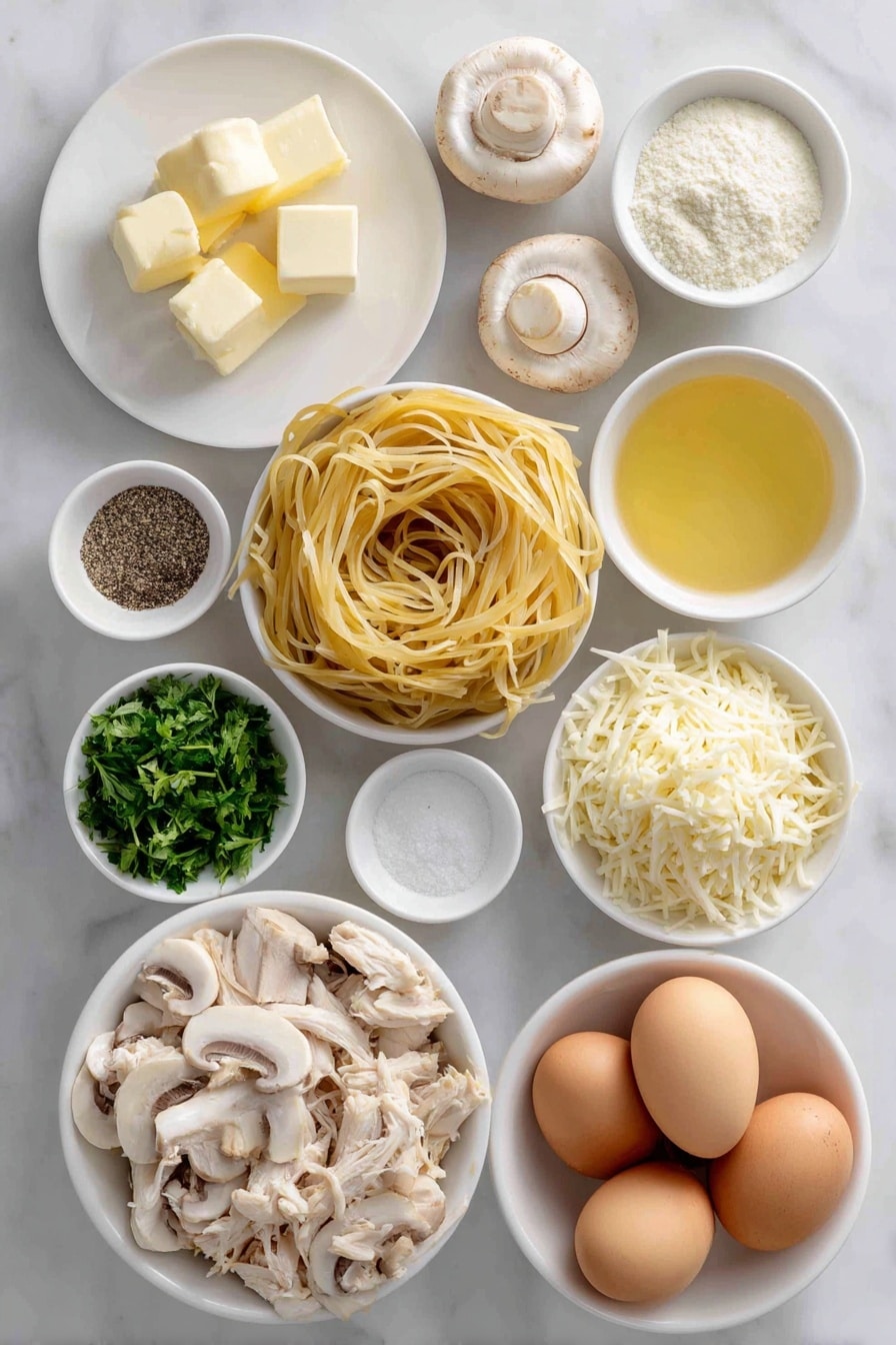 Flat lay of fresh linguine pasta nest, shredded rotisserie chicken chunks, thickly sliced white button mushrooms, finely chopped medium onion mound, four peeled garlic cloves, two tablespoons golden olive oil in a small white ceramic bowl, four tablespoons unsalted butter cubes on a white plate, small white bowl of all-purpose flour powder, small white bowl of clear low-sodium chicken broth, small white bowl with fresh lemon juice, small white bowl holding creamy half and half, small white bowl of coarse sea salt crystals, small white bowl with freshly ground black pepper, small white bowl of chopped bright green parsley, small white bowl heaped with shredded white mozzarella cheese, whole uncracked brown eggs arranged symmetrically, all ingredients placed on a clean white marble surface, soft natural light, photo taken with an iPhone, professional food photography style, fresh ingredients, white ceramic bowls, no bottles, no duplicates, no utensils, no packaging --ar 2:3 --v 7 --p awthu7i m7354615311229779997 - Creamy Chicken Tetrazzini with Mushrooms, Chicken Mushroom Pasta Bake, Easy Creamy Chicken Casserole, Comforting Chicken and Mushroom Dinner, Baked Chicken Pasta with Mushrooms