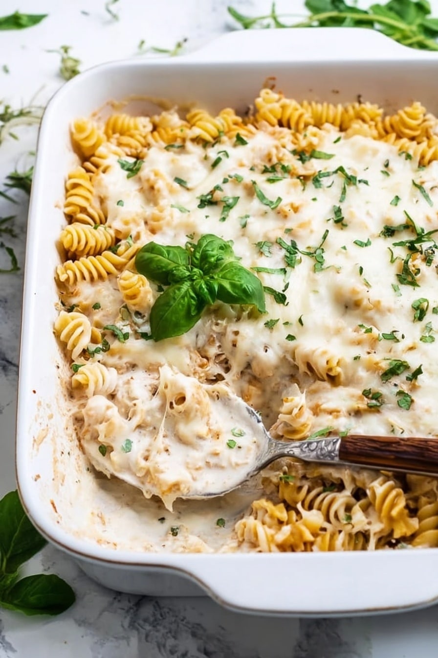 The dish is a pasta bake served in a white rectangular baking dish. The top layer is melted white cheese sprinkled with chopped green herbs. Underneath, yellow spiral pasta is mixed with a creamy sauce that looks smooth and light in color. The pasta layer is thick and fills most of the dish. A silver spoon with a wooden handle is scooping a portion from the right side, showing the creamy sauce and pasta inside. A small green basil leaf sits on top for decoration. The background is a white marbled surface with some green leaves scattered around. Photo taken with an iphone --ar 2:3 --v 7 - Easy Chicken Alfredo Bake, chicken Alfredo bake, creamy chicken pasta bake, cheesy baked chicken Alfredo, quick comfort dinner