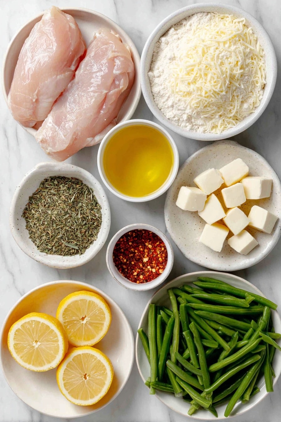 Flat lay of a small mound of pale all-purpose flour in a simple white ceramic bowl, a small white bowl filled with finely grated pale yellow parmesan cheese, a small white bowl holding golden olive oil, a few sprigs of dried Italian seasoning herbs, two whole boneless, skinless raw chicken breasts with a pale pink hue, a whole fresh lemon sliced into thin rounds arranged neatly on a white ceramic plate, a small white bowl containing bright yellow lemon juice, four plump peeled garlic cloves and four minced garlic pieces in a separate small white bowl, a pinch of vibrant red pepper flakes in a tiny white bowl, four small cubes of cold butter with a creamy pale yellow color on a white ceramic dish, and fresh green beans cut into one-inch pieces scattered neatly on a plain white ceramic plate—all ingredients fresh and natural, no packaging or utensils, perfect symmetry and balanced layout, placed on a clean white marble surface, soft natural light, photo taken with an iPhone, professional food photography style, fresh ingredients, white ceramic bowls, no bottles, no duplicates, no utensils, no packaging --ar 2:3 --v 7 --p awthu7i m7354615311229779997 - Garlic Lemon Butter Chicken Skillet, Lemon Butter Chicken, Crispy Parmesan Chicken, Easy Chicken Skillet Dinner, Weeknight Chicken Recipes
