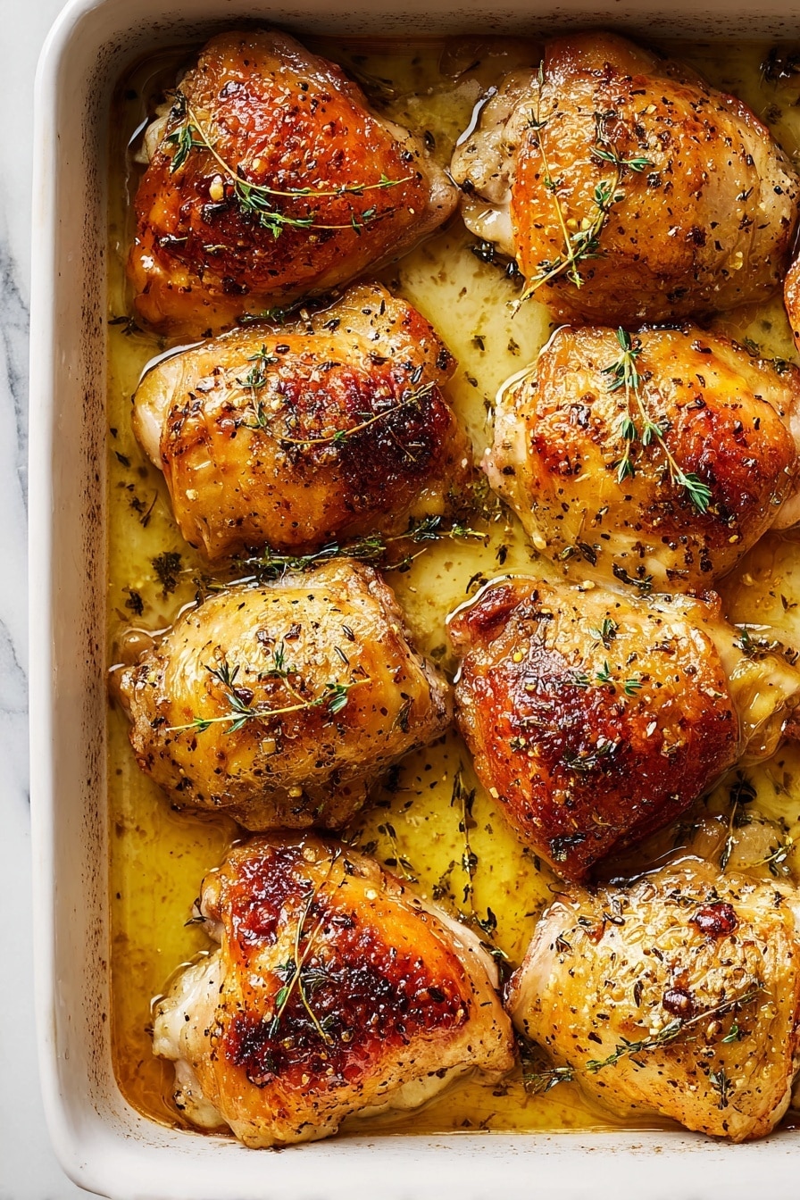 A white baking dish filled with eight pieces of cooked chicken thighs, arranged in two close rows. Each chicken thigh has golden brown, crispy skin with visible herbs and small green sprigs of thyme scattered on top and in the cooking juices. The surface of the chicken looks shiny and moist with a slightly caramelized texture and some black pepper specks. The dish sits on a white marbled surface. Photo taken with an iphone --ar 2:3 --v 7 - Honey Mustard Chicken Thighs, Chicken Thighs with Honey Mustard, Easy Honey Mustard Chicken, Juicy Chicken Thighs Recipe, Quick Dinner Ideas