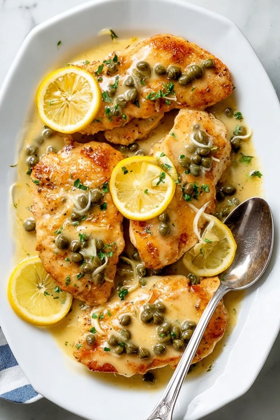 The image shows a white plate filled with five golden brown chicken pieces layered with a creamy light yellow sauce that has green capers scattered all over. Around the chicken, there are bright yellow lemon wedges placed evenly, adding pops of color. Thin slices of garlic and small green herbs are sprinkled on top, enhancing texture and detail. The sauce looks smooth and coats the chicken well, with some sauce pooling slightly on the plate's edges. A silver spoon is placed on the right side of the plate, partially under the chicken, and the whole setup sits on a white marbled surface. Photo taken with an iphone --ar 2:3 --v 7 - Easy Chicken Piccata with Lemon and Capers, chicken piccata recipe, lemon caper chicken, quick chicken dinner, flavorful chicken dishes