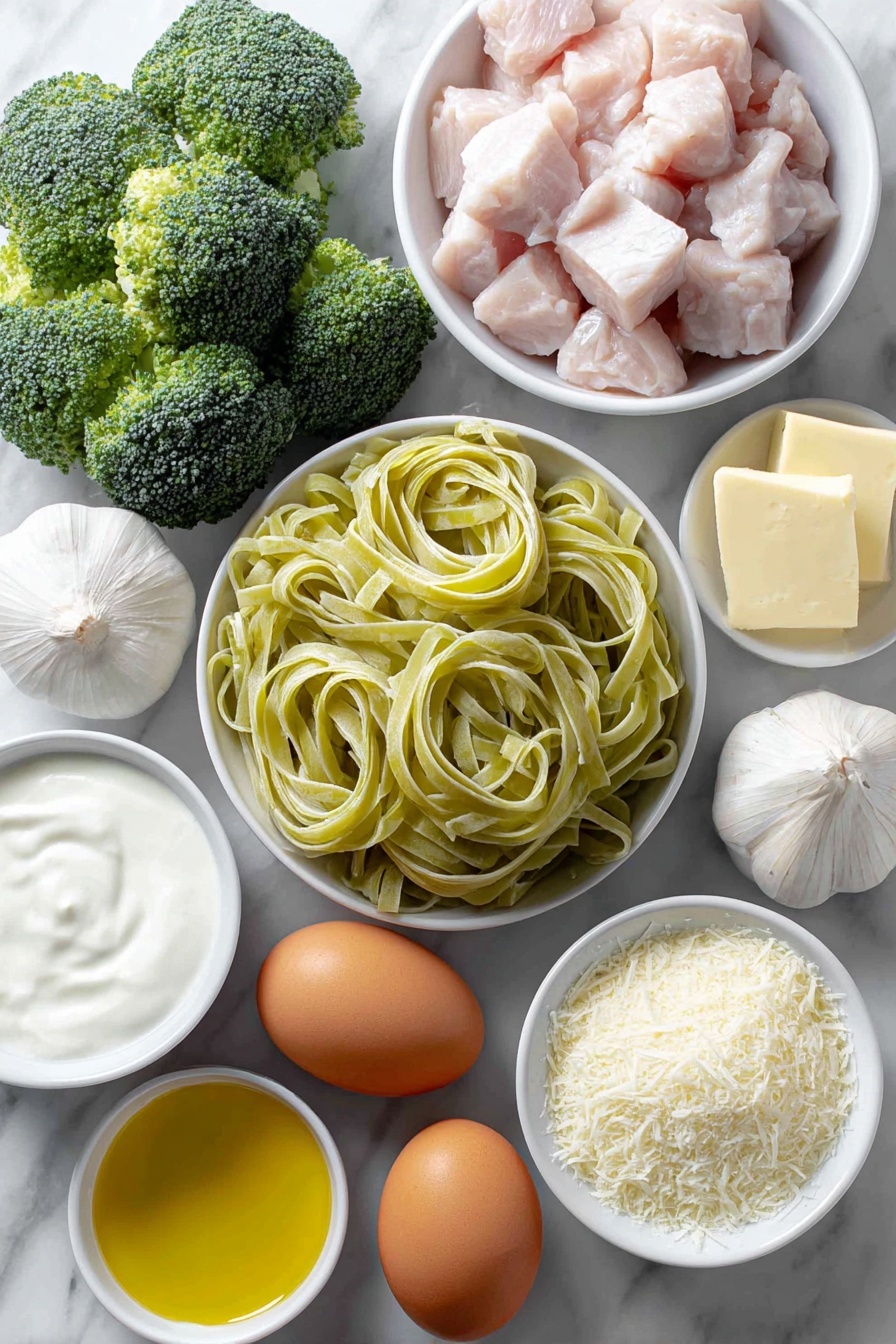 Flat lay of fresh fettuccine pasta nests, vibrant green broccoli florets, raw boneless skinless chicken breast cubes, a few tablespoons of smooth pale butter in a small white ceramic bowl, three whole uncracked garlic cloves, a small white bowl filled with thick heavy cream, a small white bowl heaped with finely grated parmesan cheese, a small white bowl holding golden olive oil, and two whole brown eggs placed symmetrically, all arranged neatly on a clean white marble surface, soft natural light, photo taken with an iPhone, professional food photography style, fresh ingredients, white ceramic bowls, no bottles, no duplicates, no utensils, no packaging --ar 2:3 --v 7 --p m7354615311229779997 - Creamy Chicken Broccoli Fettuccine Alfredo, chicken and broccoli pasta, easy Alfredo recipes, quick weeknight dinners, hearty pasta dishes