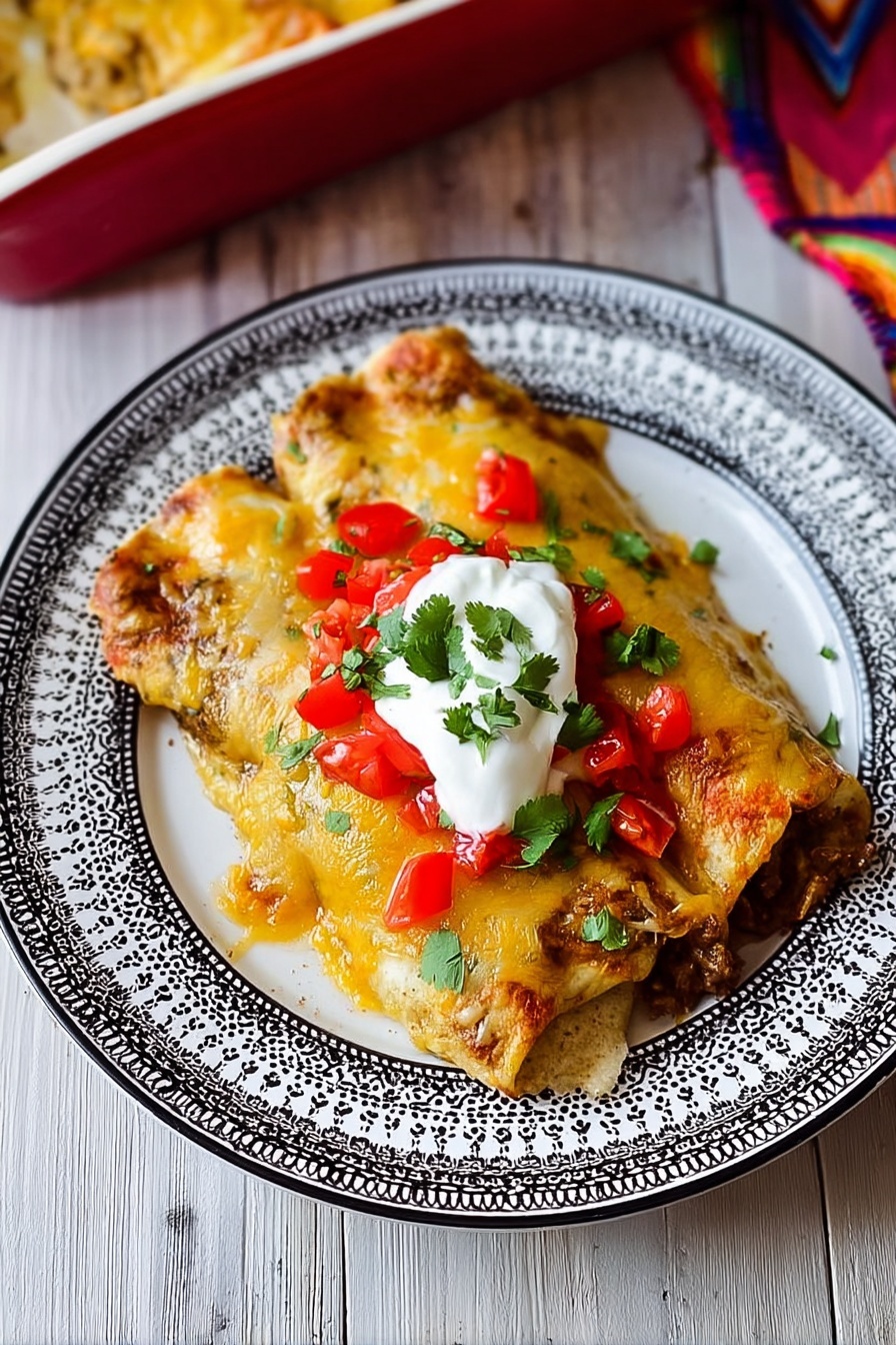 A white plate with a detailed black and white pattern on the rim holds two enchiladas, each covered with melted golden-yellow cheese that has slightly browned edges. On top, there are small, bright red tomato pieces scattered along with fresh green cilantro leaves. A dollop of white sour cream sits in the center of the enchiladas. The dish rests on a white marbled surface with a wooden texture and there is a hint of a baking dish in the background. photo taken with an iphone --ar 2:3 --v 7 - Easy Chicken Enchiladas with Green Sauce, chicken enchiladas, green sauce enchiladas, quick chicken enchilada recipe, flavorful green enchiladas