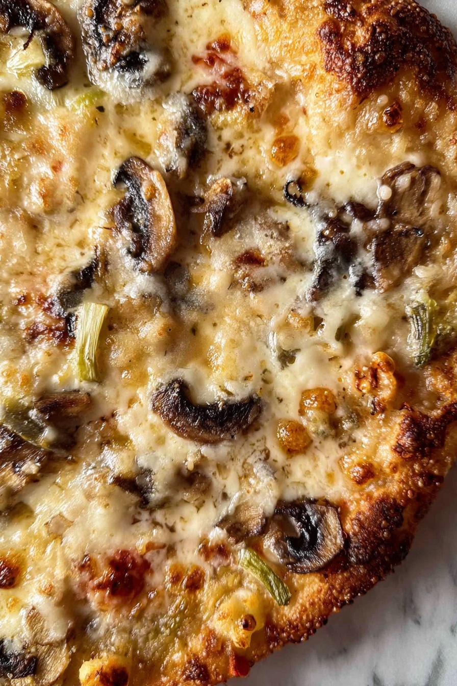 A close-up view of a pizza showing one visible layer with melted cheese covering the surface in creamy white and light golden shades, dotted with browned spots. There are slices of browned mushrooms scattered unevenly across the pizza, adding dark brown and black shapes. Small pieces of slightly green and white vegetables are distributed between the mushrooms and cheese, with some reddish tomato bits peeking through. The edges show a browned crust with some darker burnt spots. The pizza is on a white marbled surface. photo taken with an iphone --ar 2:3 --v 7 - Chicken Zucchini Bake with Mozzarella, healthy chicken zucchini casserole, cheesy zucchini bake, low-carb chicken zucchini dish, protein-packed zucchini bake