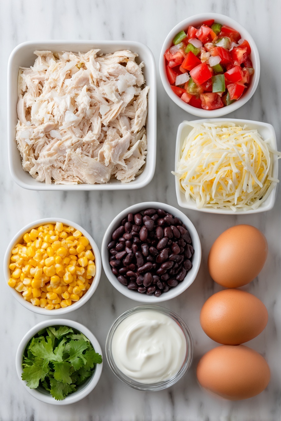 Flat lay of a medium diced onion, a diced green bell pepper, shredded cooked chicken, a small white bowl of black beans, a small white bowl of yellow corn kernels, a small white bowl of diced tomatoes with green chilies, a small white bowl of neutral cooking oil, a small white bowl of sour cream, a small white bowl of shredded Colby Jack cheese, a small white bowl of crushed tortilla chips, a few sprigs of fresh cilantro, and two whole uncracked brown eggs placed on a clean white marble surface, soft natural light, photo taken with an iPhone, professional food photography style, fresh ingredients, white ceramic bowls, no bottles, no duplicates, no utensils, no packaging --ar 2:3 --v 7 --p m7354615311229779997 - Easy Chicken Taco Casserole, chicken taco casserole, taco casserole recipe, quick chicken casserole, cheesy taco bake