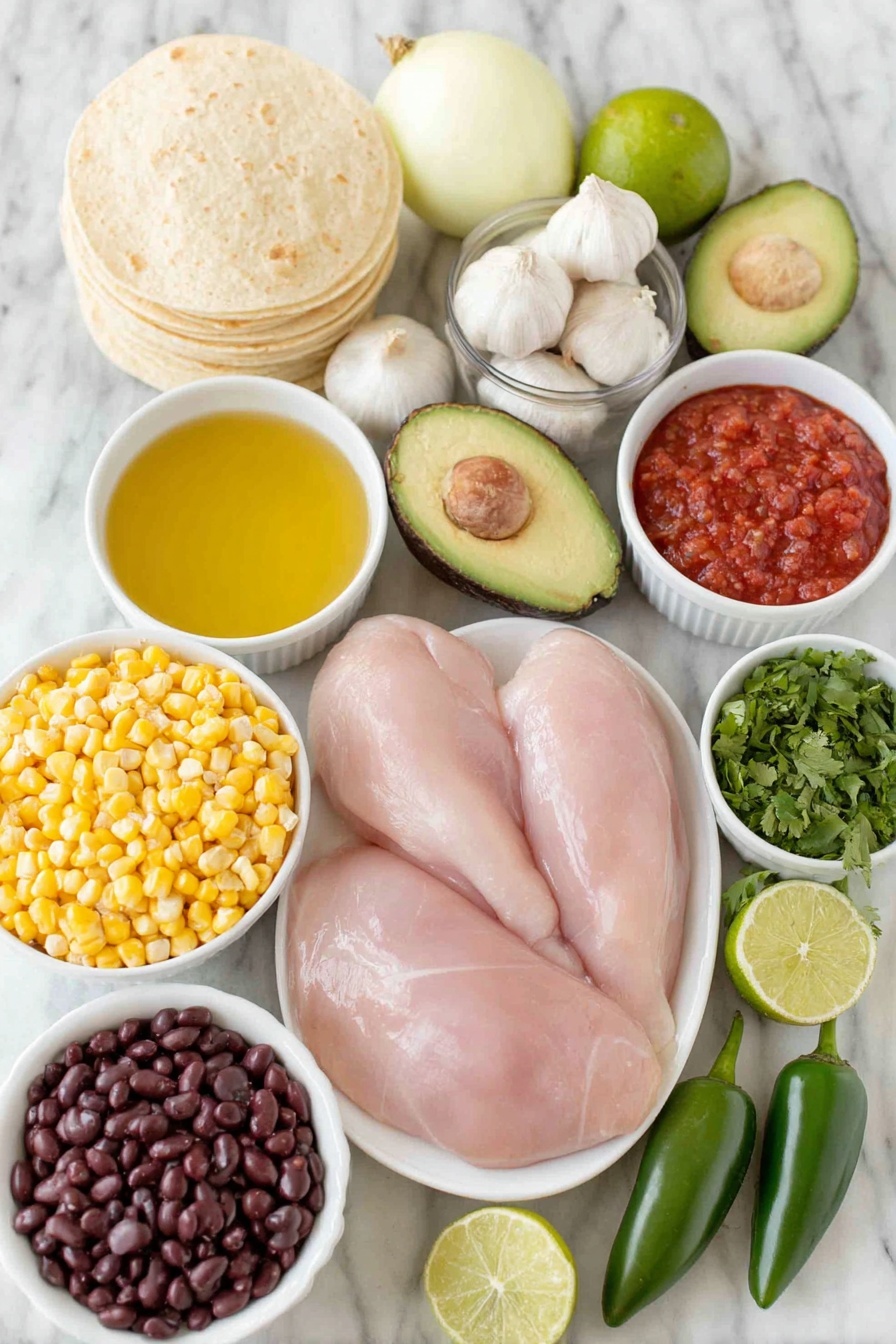 Flat lay of a small white ceramic bowl of light olive oil, a large yellow onion halved showing its fresh layers, four whole garlic cloves with clean skins, two green jalapeno peppers whole and uncut, a small white bowl of golden chicken broth, a small white bowl filled with bright red crushed tomatoes, two medium raw chicken breasts with smooth skin, a small white bowl of fresh yellow corn kernels, a small white bowl of shiny black beans, a small white bowl of ground chili powder, a small white bowl of ground cumin, a small white bowl of coarse salt crystals, a small pile of bright green chopped cilantro leaves, a whole lime cut in half showing juicy interior alongside a small white bowl with fresh lime juice, a neat stack of fresh yellow corn tortillas, a ripe avocado halved displaying green flesh and pit, and a whole lime cut into wedges arranged in perfect symmetry, placed on a clean white marble surface, soft natural light, photo taken with an iPhone, professional food photography style, fresh ingredients, white ceramic bowls, no bottles, no duplicates, no utensils, no packaging --ar 2:3 --v 7 --p m7354615311229779997 - Easy Chicken Tortilla Soup, flavorful chicken tortilla soup, one-pot tortilla soup, quick chicken soup recipes, healthy Mexican inspired soup