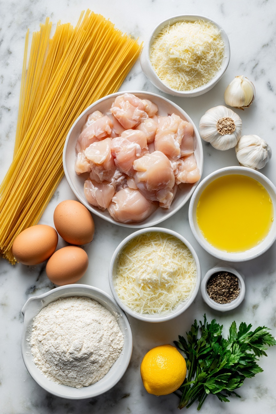 Flat lay of a small pile of uncooked linguine pasta strands, three plump raw chicken breasts cut into bite-size pieces, a small bowl of fine cornflour, a few whole uncracked brown eggs, a small peeled yellow onion finely chopped, three whole garlic cloves peeled, a small white bowl with golden cooking oil, a small white bowl filled with rich heavy cream, a small white bowl of bright yellow lemon juice, a small white bowl with strong chicken stock, a small mound of finely grated parmesan cheese, a small bunch of fresh green parsley sprigs, a small white bowl of coarse black pepper, and a small pile of salt crystals, all arranged in perfect symmetry on a clean white ceramic surface, placed on a clean white marble surface, soft natural light, photo taken with an iPhone, professional food photography style, fresh ingredients, white ceramic bowls, no bottles, no duplicates, no utensils, no packaging --ar 2:3 --v 7 --p m7354615311229779997 - Garlic Parmesan Chicken Pasta, creamy chicken pasta, easy chicken pasta recipe, quick dinner pasta, restaurant-style pasta