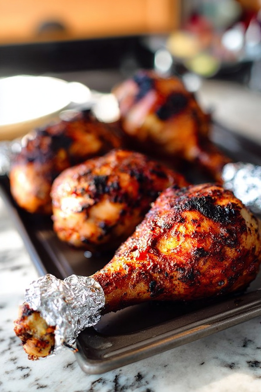 A single roasted chicken leg is shown held by a woman's hand, wrapped in aluminum foil at the bottom to provide a grip. The chicken skin is cooked to a golden brown with darkened, crispy spice rub visible all over its surface. The background is softly blurred wood tones, making the chicken leg the clear focus. The photo is detailed, showing the texture of the cooked skin and spices. photo taken with an iphone --ar 2:3 --v 7 - Juicy Roasted Turkey Legs, flavorful turkey legs, crispy roasted turkey legs, easy turkey leg recipe, smoky turkey legs