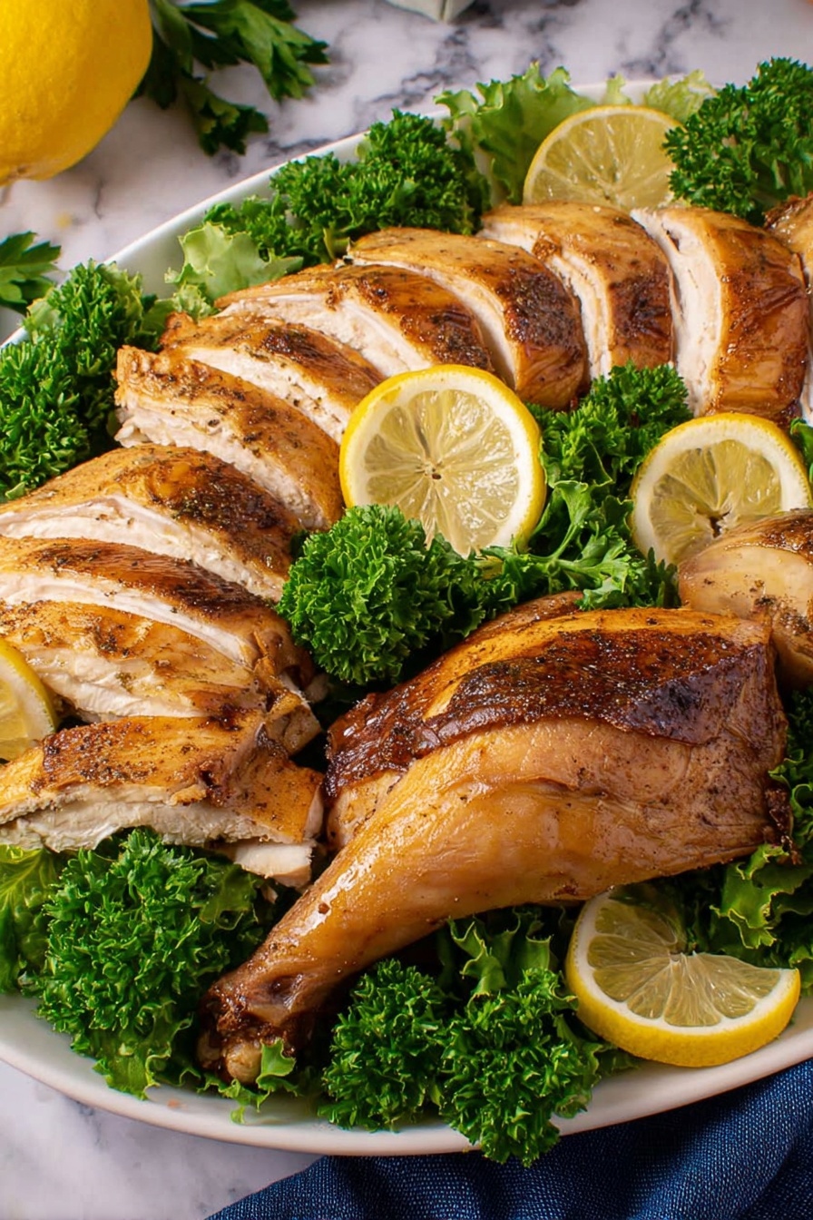 A whole roasted turkey with a golden-brown crispy skin sits in the center of a large white oval plate. It is surrounded by a thick layer of bright green curly kale leaves forming a ring around the bird. Inside the kale, evenly spaced light yellow lemon slices with visible seeds and a few sprigs of fresh herbs rest, adding contrast. The plate is placed on a white marbled surface with a gold fork and spoon nearby on the right side and a navy blue cloth on the left. The overall scene looks warm and inviting, photo taken with an iphone --ar 2:3 --v 7 - Lemon Herb Turkey Roast, citrus turkey roast, holiday turkey recipe, juicy turkey main dish, flavorful roasted turkey