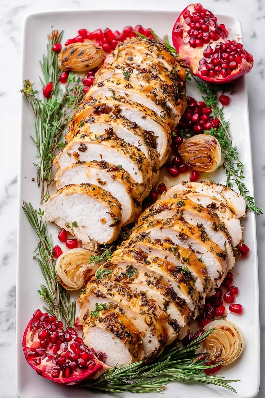 The dish shows two rows of sliced cooked chicken, each slice pale inside with a golden-brown crust speckled with herbs, arranged side by side on a white rectangular plate. Around the chicken are scattered ruby red pomegranate seeds and fresh green rosemary sprigs, adding color contrast. There are three quartered pomegranate sections placed on the plate's edges and two halved roasted garlic bulbs with soft golden cloves visible. The plate rests on a white marbled surface. photo taken with an iphone --ar 2:3 --v 7 - Maple Glazed Turkey Breast Roast, turkey breast roast recipe, easy turkey roast with maple glaze, juicy turkey centerpiece, holiday turkey breast