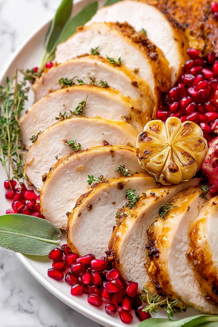 This image shows a white plate holding several slices of roasted turkey arranged in a slight curve, each slice showing a golden-brown edge and tender white inside, garnished with small green herb leaves scattered on top. At the center, a half head of roasted garlic with light golden cloves is placed upright, adding texture and warmth. Around the turkey slices and garlic are bright red pomegranate seeds and bigger clusters, adding bright spots of color, with light green leaves beneath the turkey giving a fresh contrast. The background is a white marbled texture. photo taken with an iphone --ar 2:3 --v 7 - Maple Glazed Turkey Breast Roast, turkey breast roast recipe, easy turkey roast with maple glaze, juicy turkey centerpiece, holiday turkey breast