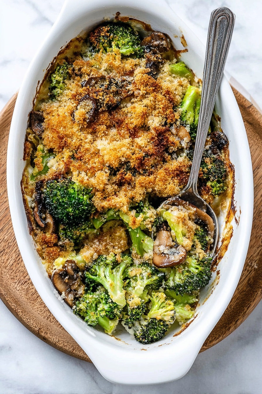 The image shows a white bowl filled with a baked broccoli and mushroom casserole. The dish has a crispy, golden brown breadcrumb topping scattered unevenly across the surface. Underneath the topping are green broccoli florets mixed with browned mushrooms and soft cooked onions, creating a mix of green and brown colors. A metal spoon rests inside the bowl with roasted mushroom slices and broccoli on it. The bowl is set on a white marbled surface with a white cloth with red stripes partially visible underneath. photo taken with an iphone --ar 2:3 --v 7 - Healthy Broccoli Mushroom Casserole, Broccoli Mushroom Bake, nutritious vegetable casserole, easy healthy dinner, vegan vegetable casserole