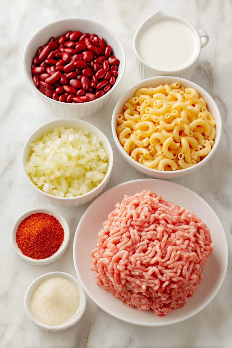 Flat lay of fresh raw ground turkey shaped into a neat mound, a medium yellow onion finely diced in a small white ceramic bowl, a small white bowl filled with bright red kidney beans, a small white bowl of vibrant red tomato sauce, a small white bowl containing golden whole grain elbow macaroni, a small white bowl with smooth white milk, a small white bowl holding shredded sharp cheddar cheese in vivid orange-yellow hues, a small white bowl of chili powder in rich deep red, a small white bowl of minced fresh garlic with a pale creamy color, all ingredients arranged symmetrically with perfect balance and fresh natural textures, placed on a clean white marble surface, soft natural light, photo taken with an iPhone, professional food photography style, fresh ingredients, white ceramic bowls, no bottles, no duplicates, no utensils, no packaging --ar 2:3 --v 7 --p m7354615311229779997 - Turkey Chili Mac and Cheese, easy chili mac recipe, hearty dinner ideas, quick weeknight meals, protein-packed comfort food