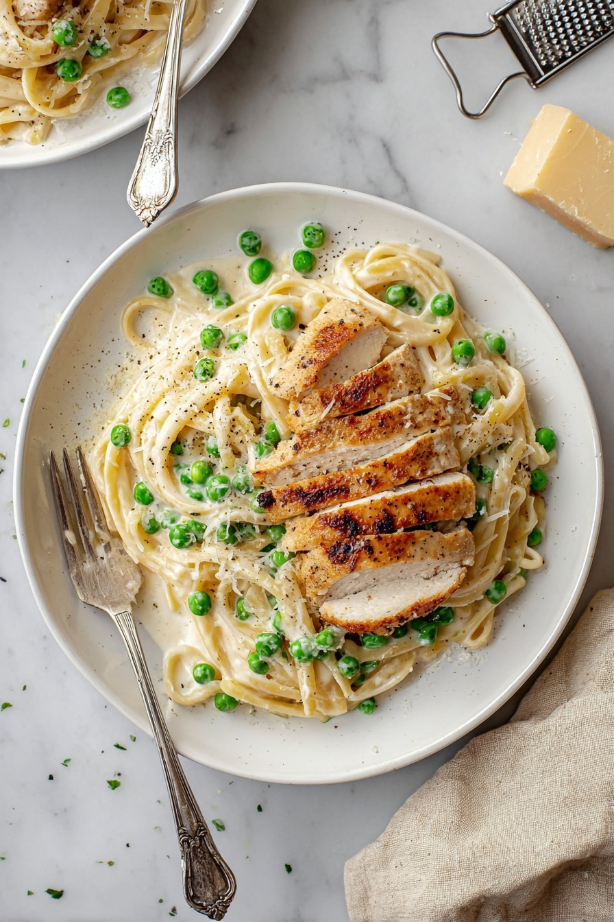 A white plate holds a serving of creamy fettuccine pasta mixed with bright green peas. On top, two thick, cooked pieces of golden brown chicken sit side by side, sprinkled lightly with grated cheese. The pasta is coated in a smooth, light cream sauce with some black pepper visible. A silver fork and spoon rest on the left side of the plate. The background is a white marbled surface and in the upper right corner, there is a cheese grater with some grated cheese on it, along with a larger piece of cheese. A second white plate with the same dish is partly visible in the background. photo taken with an iphone --ar 2:3 --v 7 - Turkey Alfredo Pasta, creamy turkey pasta, easy Alfredo pasta, leftover turkey recipes, cheesy pasta dinner