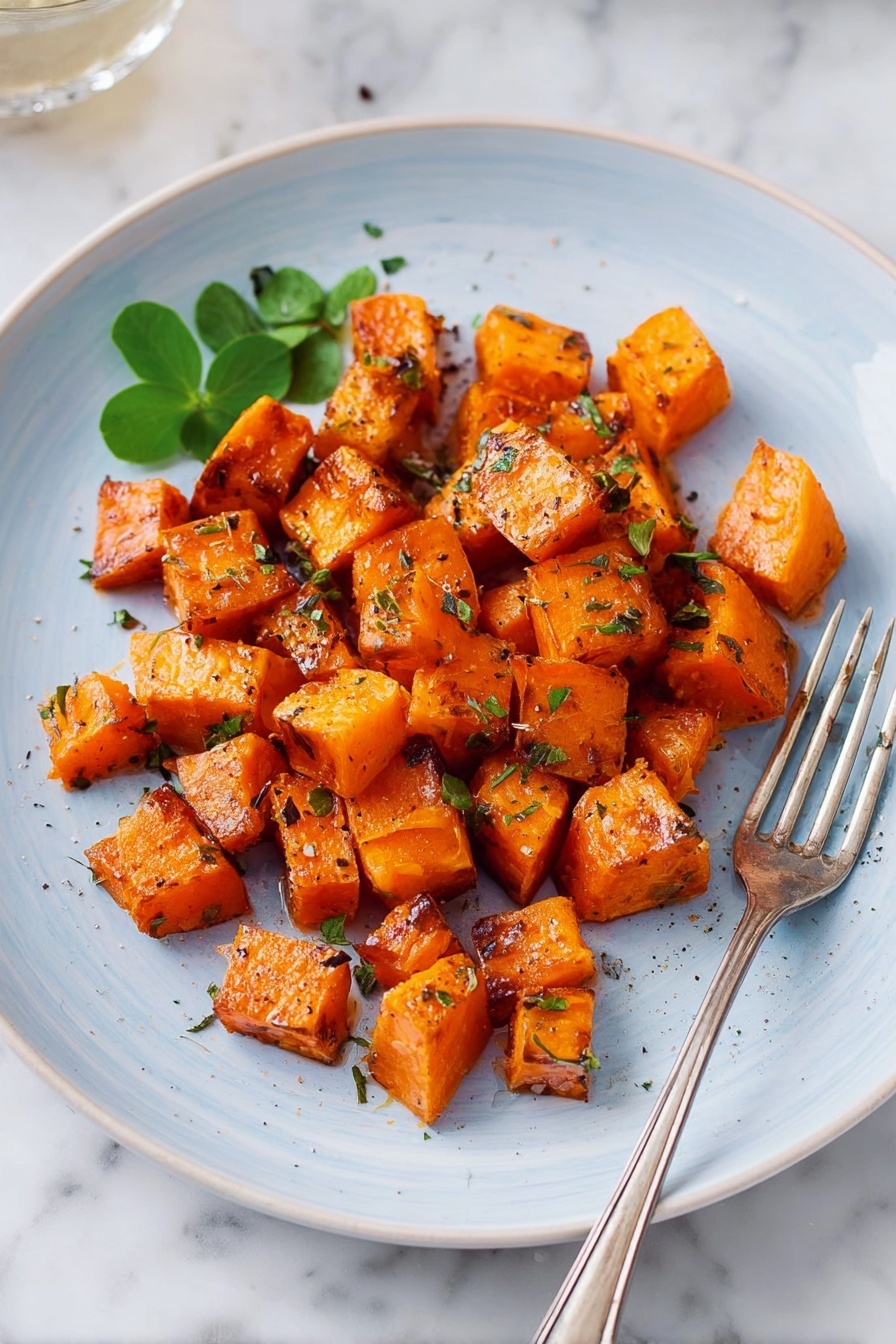 The dish shows a white plate with a light blue rim, filled with about 25 small cubed pieces of roasted orange sweet potatoes. The cubes are shiny, with a slightly caramelized, crispy outside and rough, textured surface. They are sprinkled with small green herb bits and black pepper. There is a small bunch of bright green flat leaves placed near the center on top. A silver fork is placed on the right side of the plate, and the background is a white marbled surface. photo taken with an iphone --ar 2:3 --v 7 - Maple Roasted Sweet Potatoes, roasted sweet potato side dish, caramelized sweet potatoes, healthy roasted sweet potatoes, easy sweet potato recipes