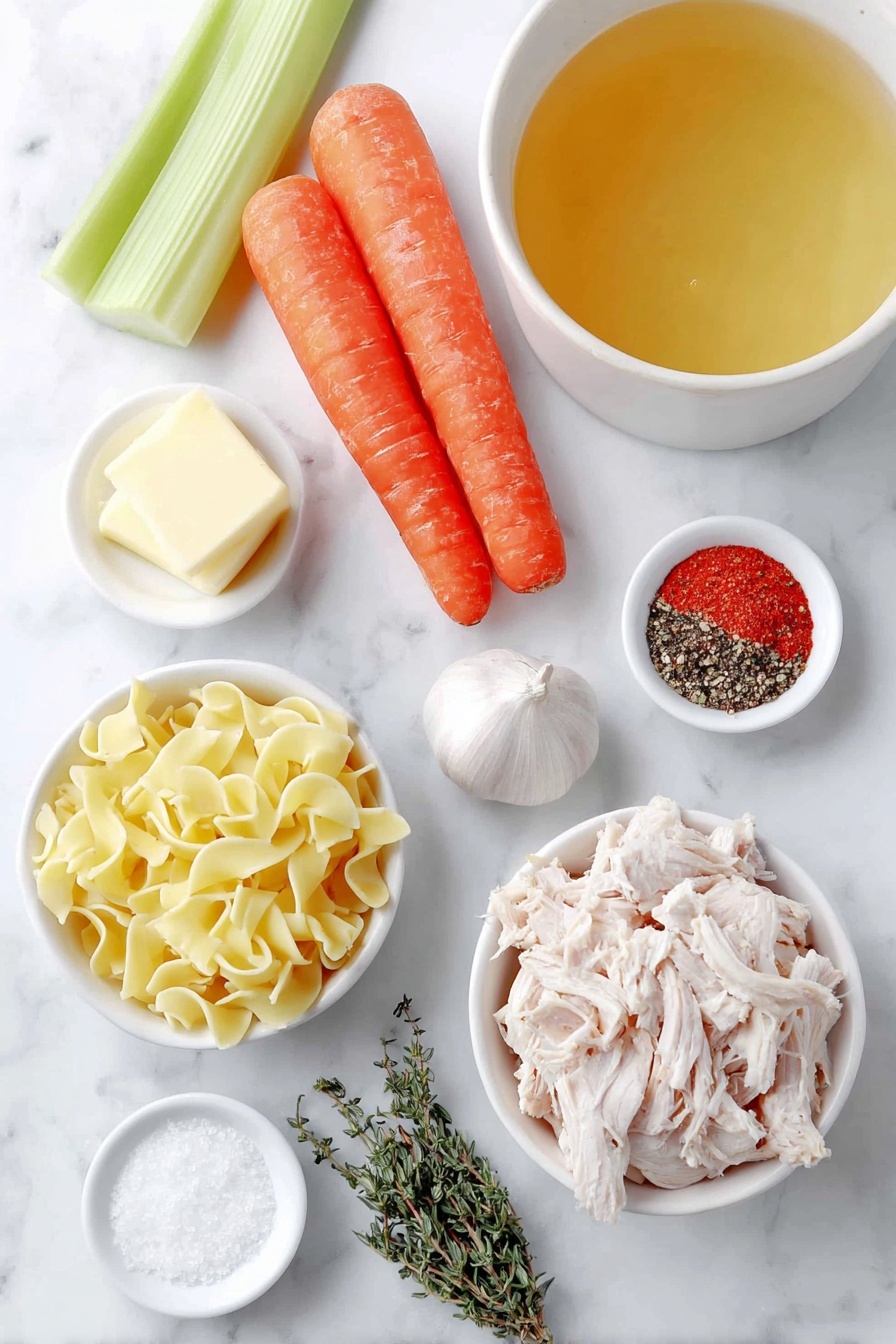 Flat lay of a small pat of butter, two fresh celery ribs with leaves, three large bright orange carrots, a single garlic clove, a white ceramic bowl filled with golden chicken stock, a small white bowl of coarse sea salt, a small white bowl of freshly ground black pepper, a small white bowl containing dried rosemary sprigs, another small white bowl with dried thyme leaves, a small white bowl with crushed red pepper flakes, a neat pile of homemade egg noodles, a small mound of shredded rotisserie chicken breast, and a small white bowl of chicken bouillon granules placed on a clean white marble surface, soft natural light, photo taken with an iPhone, professional food photography style, fresh ingredients, white ceramic bowls, no bottles, no duplicates, no utensils, no packaging --ar 2:3 --v 7 --p m7354615311229779997 - Homemade Chicken Noodle Soup, easy chicken noodle soup, comforting chicken noodle soup, homemade chicken broth, best chicken noodle soup
