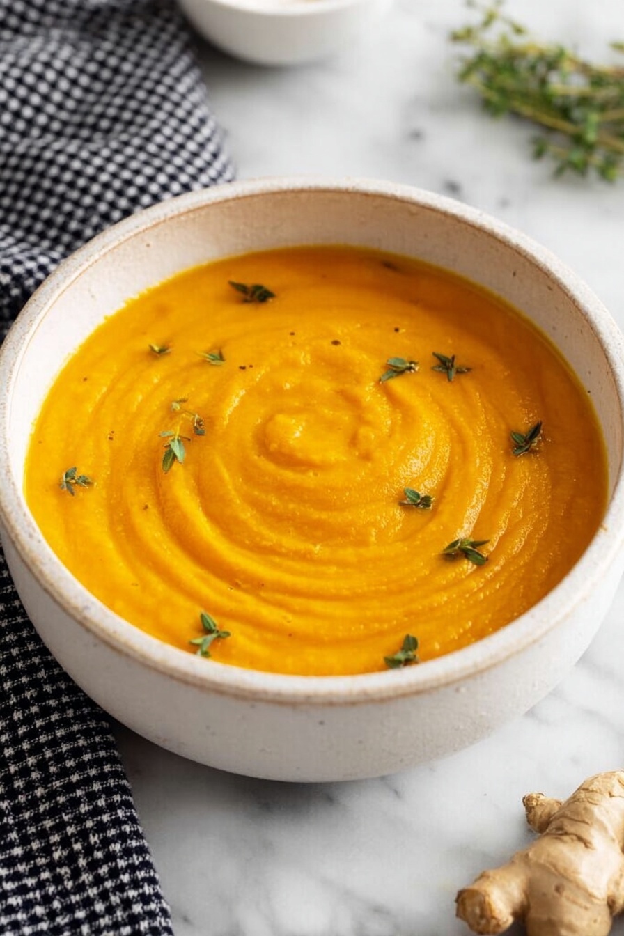 The image shows a round, silver pot filled with smooth orange soup, with a shiny metal ladle resting inside the pot and holding a small amount of the soup. Tiny green herb leaves float on top of the soup. The pot is placed on a white marbled surface with a black and white checkered cloth folded under its handle. Around the pot, there are fresh light brown ginger roots, a white bowl of coarse salt, a small bunch of green herbs, and an empty white bowl with a silver spoon. The overall look is clean and fresh. photo taken with an iphone --ar 2:3 --v 7 - Sweet Roasted Carrot Ginger Soup, healthy carrot soup, easy veggie soup, comforting fall soup, homemade carrot ginger soup