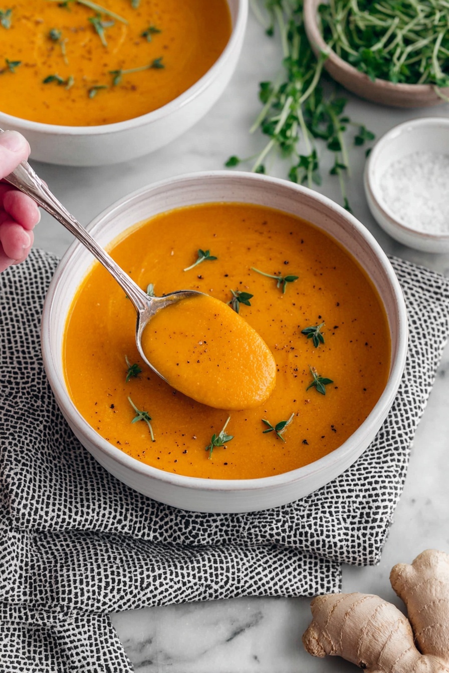 A white bowl is filled with smooth bright orange soup, with small green herb leaves scattered on top. A woman's hand holds a silver spoon that scoops up a thick spoonful of the soup from the bowl. Another white bowl of soup is blurred in the background near fresh green herbs and a small white dish of coarse salt. Fresh light brown ginger pieces are near the bowl at the bottom right. The bowl sits on a white marbled surface with a black and white cloth napkin nearby. Photo taken with an iphone --ar 2:3 --v 7 - Sweet Roasted Carrot Ginger Soup, healthy carrot soup, easy veggie soup, comforting fall soup, homemade carrot ginger soup