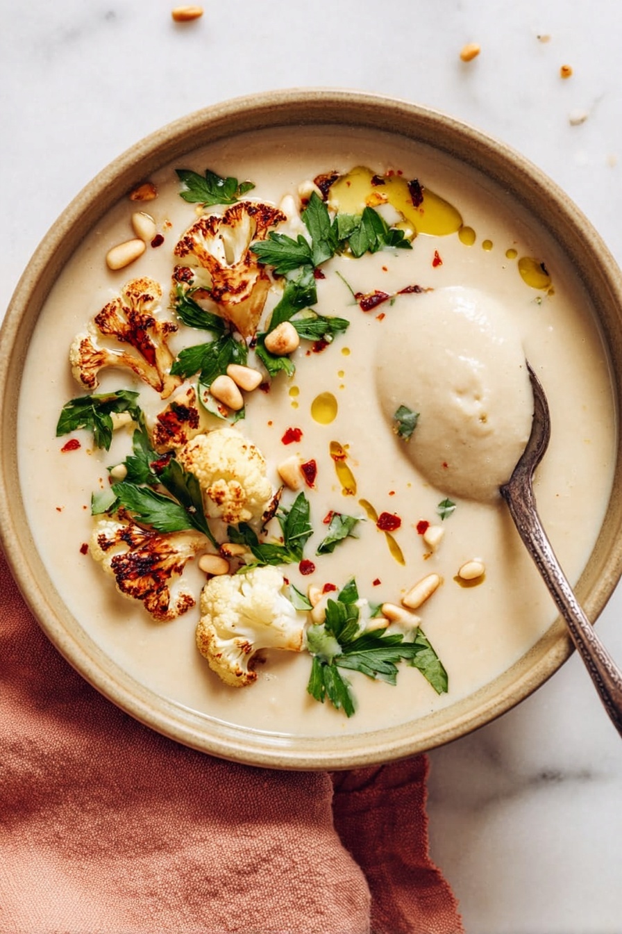 A bowl filled with creamy light beige soup that looks smooth and thick, topped with three browned roasted cauliflower pieces scattered on one side. Bright green flat parsley leaves and light tan pine nuts are spread on top, adding color and texture. Small red chili flakes are sprinkled lightly around, and drops of golden oil create a glossy finish on the surface. A spoon dips into the soup, lifting a creamy scoop, and the bowl rests on a soft peach-colored cloth on a white marbled surface. Photo taken with an iphone --ar 2:3 --v 7 - Creamy Roasted Cauliflower Soup, healthy cauliflower soup, vegan cauliflower soup, easy cauliflower soup recipe, comforting vegetable soup