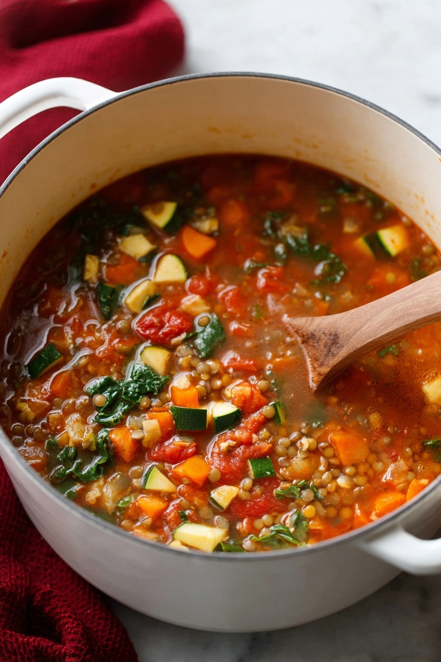 A white pot filled with a colorful soup made of several layers: a reddish-orange broth base mixed with many small vegetable pieces including orange carrots, green leafy kale, and chunks of light green zucchini, along with soft red tomatoes and small round lentils. A wooden spoon is partly submerged in the soup, stirring the mixture. The pot is placed on a white marbled surface with a blurred red cloth in the background. photo taken with an iphone --ar 2:3 --v 7 - Italian Lentil Vegetable Soup, healthy Italian lentil soup, hearty vegetable soup, vegan lentil soup, easy Italian soup recipe