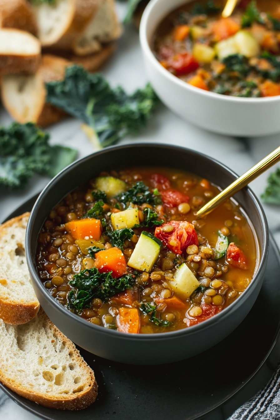The image shows a dark gray bowl filled with vegetable soup on a matching dark gray plate, sitting on a white marbled surface. The soup has a rich broth filled with colorful chunks of carrots, tomatoes, green leafy kale, and small round lentils. Around the bowl are pieces of torn bread scattered casually. In the background, there is a white pot filled with more soup and a white bowl of soup with a gold spoon inside. Fresh kale leaves and chopped zucchini pieces are placed near the pot, adding green accents to the scene. Photo taken with an iphone --ar 2:3 --v 7 - Italian Lentil Vegetable Soup, healthy Italian lentil soup, hearty vegetable soup, vegan lentil soup, easy Italian soup recipe