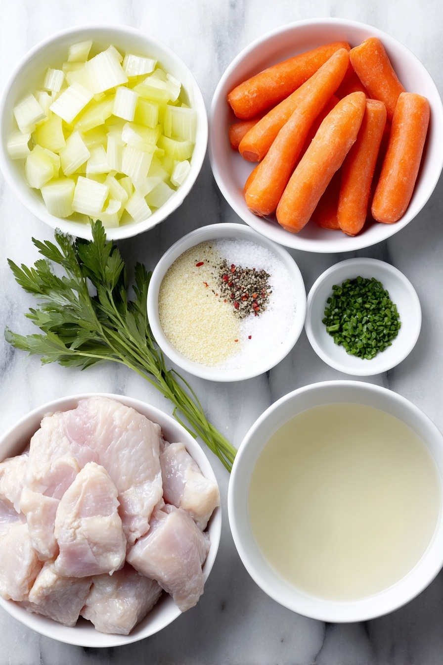 Flat lay of a small mound of golden solidified chicken fat, a peeled and chopped yellow onion, two bright orange carrots sliced into thin rounds, two celery stalks sliced similarly in pale green thin rounds, a small handful of fresh flat-leaf parsley leaves, a few chopped bright green chive pieces, a tiny pile of fine beige ground poultry seasoning, a pinch of crushed red pepper flakes with vibrant red flakes, a small white ceramic bowl filled with clear homemade chicken stock, a small white ceramic bowl containing coarse white salt, and another small white ceramic bowl with freshly ground black pepper, all arranged with perfect symmetry in a balanced composition placed on a clean white marble surface, soft natural light, photo taken with an iPhone, professional food photography style, fresh ingredients, white ceramic bowls, no bottles, no duplicates, no utensils, no packaging --ar 2:3 --v 7 --p m7354615311229779997 - Homemade Chicken Veggie Soup, healthy chicken veggie soup, comforting chicken vegetable soup, easy chicken noodle soup, light wholesome soup