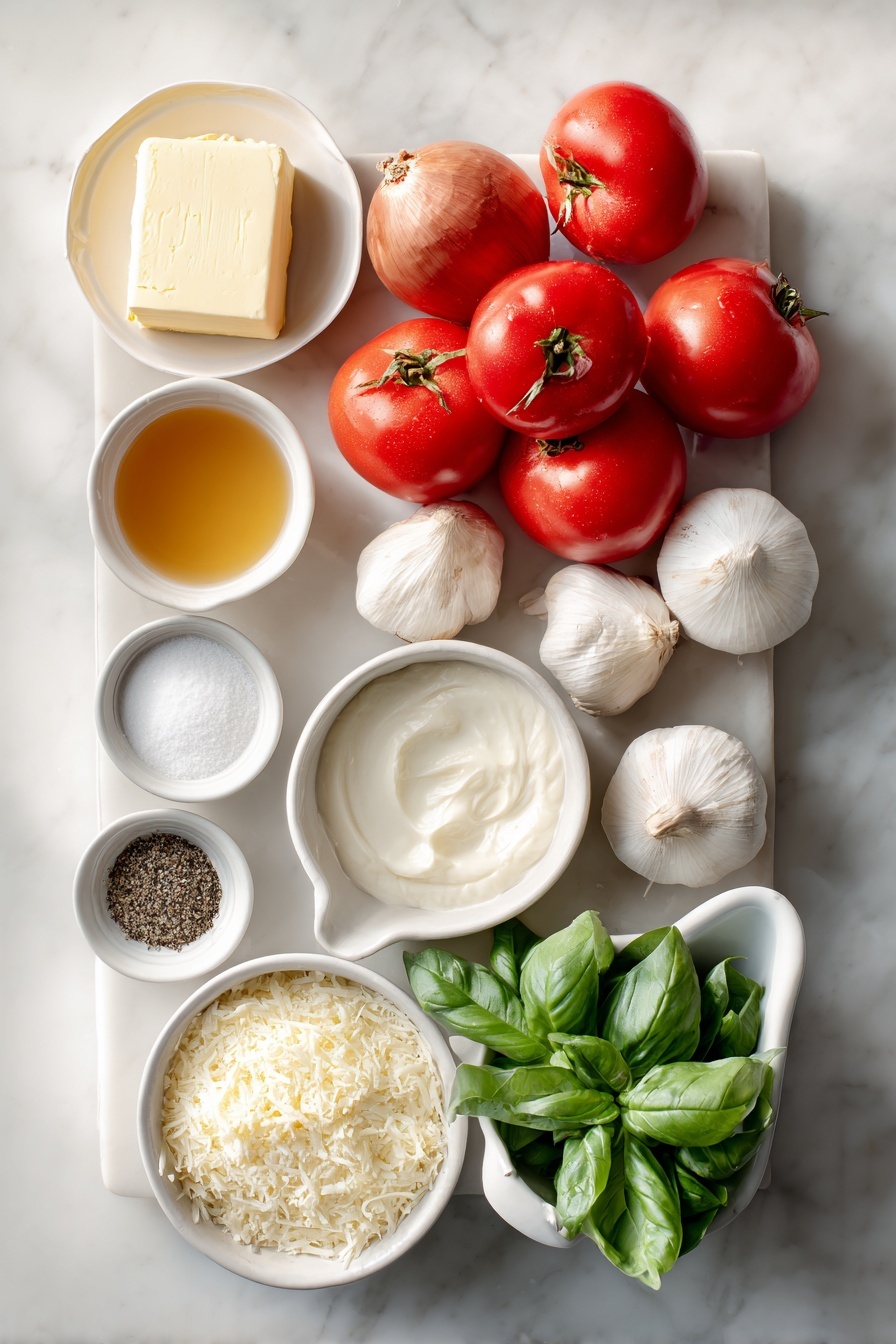 Flat lay of four tablespoons of unsalted butter, three whole yellow onions, three whole garlic bulbs with cloves, a large pile of crushed ripe red tomatoes with juice, a small white bowl of golden chicken stock, a small bunch of fresh green basil leaves, a small white bowl of white granulated sugar, a small white bowl of ground black pepper, a small white bowl of heavy cream, a small mound of freshly grated parmesan cheese, all arranged with perfect symmetry on a clean white marble surface, soft natural light, photo taken with an iPhone, professional food photography style, fresh ingredients, white ceramic bowls, no bottles, no duplicates, no utensils, no packaging --ar 2:3 --v 7 --p m7354615311229779997 - Creamy Tomato Soup with Basil, tomato soup recipes, easy homemade tomato soup, healthy tomato soup, comforting basil tomato soup