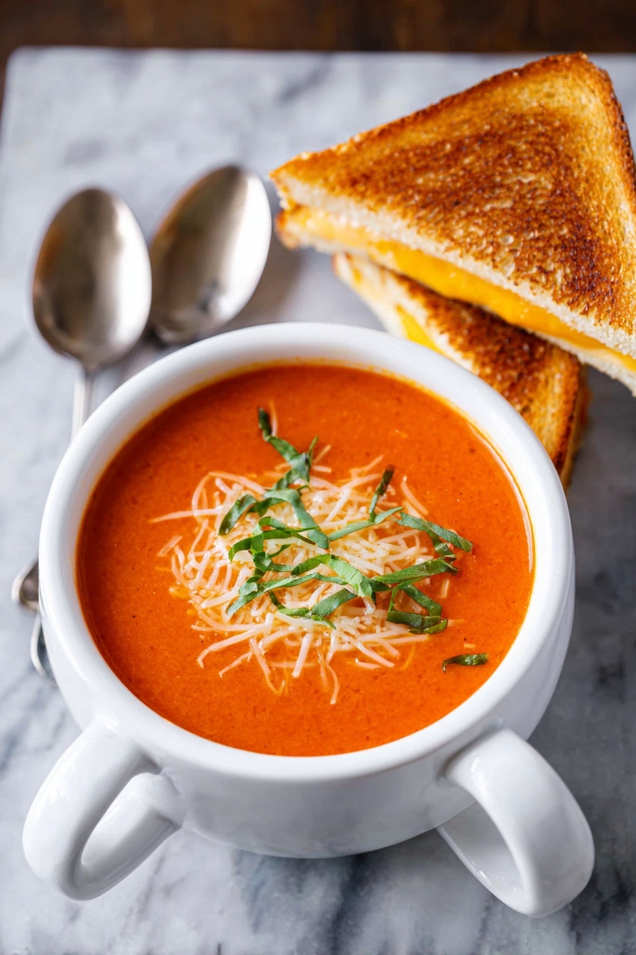 A white bowl with a handle holds smooth orange tomato soup as the first layer, topped with a small pile of finely shredded white cheese and thin strips of fresh green basil leaves scattered on top. To the back right of the bowl, two triangular grilled sandwiches with golden brown toasted bread and melted white and orange cheese inside are stacked slightly overlapping. Two silver spoons lay crossed next to the bowl on a white marbled surface background. Photo taken with an iphone --ar 2:3 --v 7 - Creamy Tomato Soup with Basil, tomato soup recipes, easy homemade tomato soup, healthy tomato soup, comforting basil tomato soup