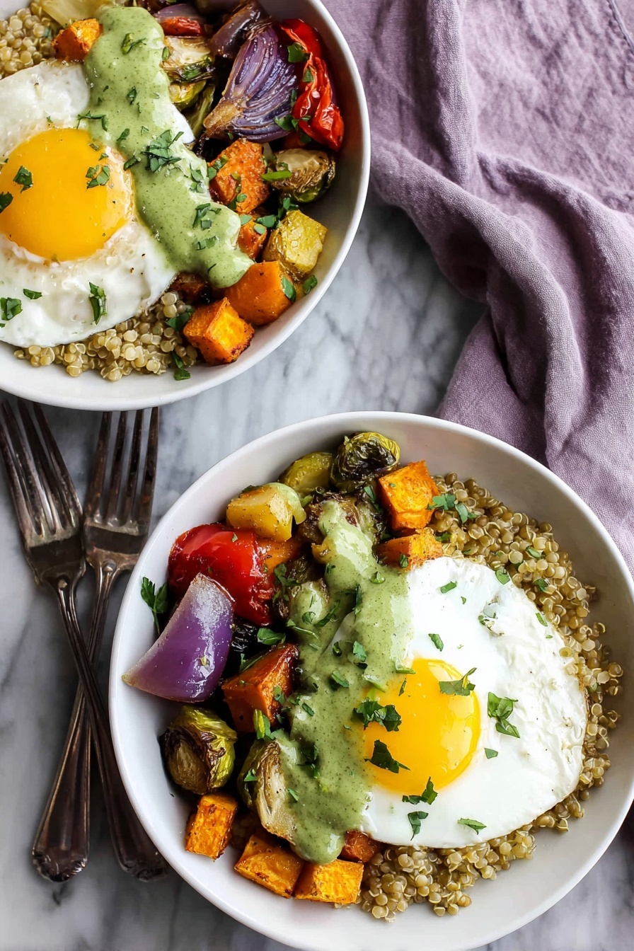 A white bowl filled with three main layers: at the bottom left, there is a heap of light brown cooked grains with a soft texture; to the right side, there are golden-brown roasted vegetables including cubes of sweet potatoes, green Brussels sprouts, and pieces of red bell pepper, showing a slightly crispy surface; on top of these, a sunny-side-up fried egg with a bright yellow yolk and white edges drizzled with green herb sauce adds a fresh look. The dish is garnished with thinly sliced green herbs scattered over the egg and around the bowl. A woman's hand is holding the bowl against a white marbled surface background. Photo taken with an iphone --ar 2:3 --v 7 - Roasted Vegetable Grain Bowl with Egg, healthy grain bowl recipes, vegetarian roasted veggie bowls, easy wholesome lunch ideas, nutritious egg bowls