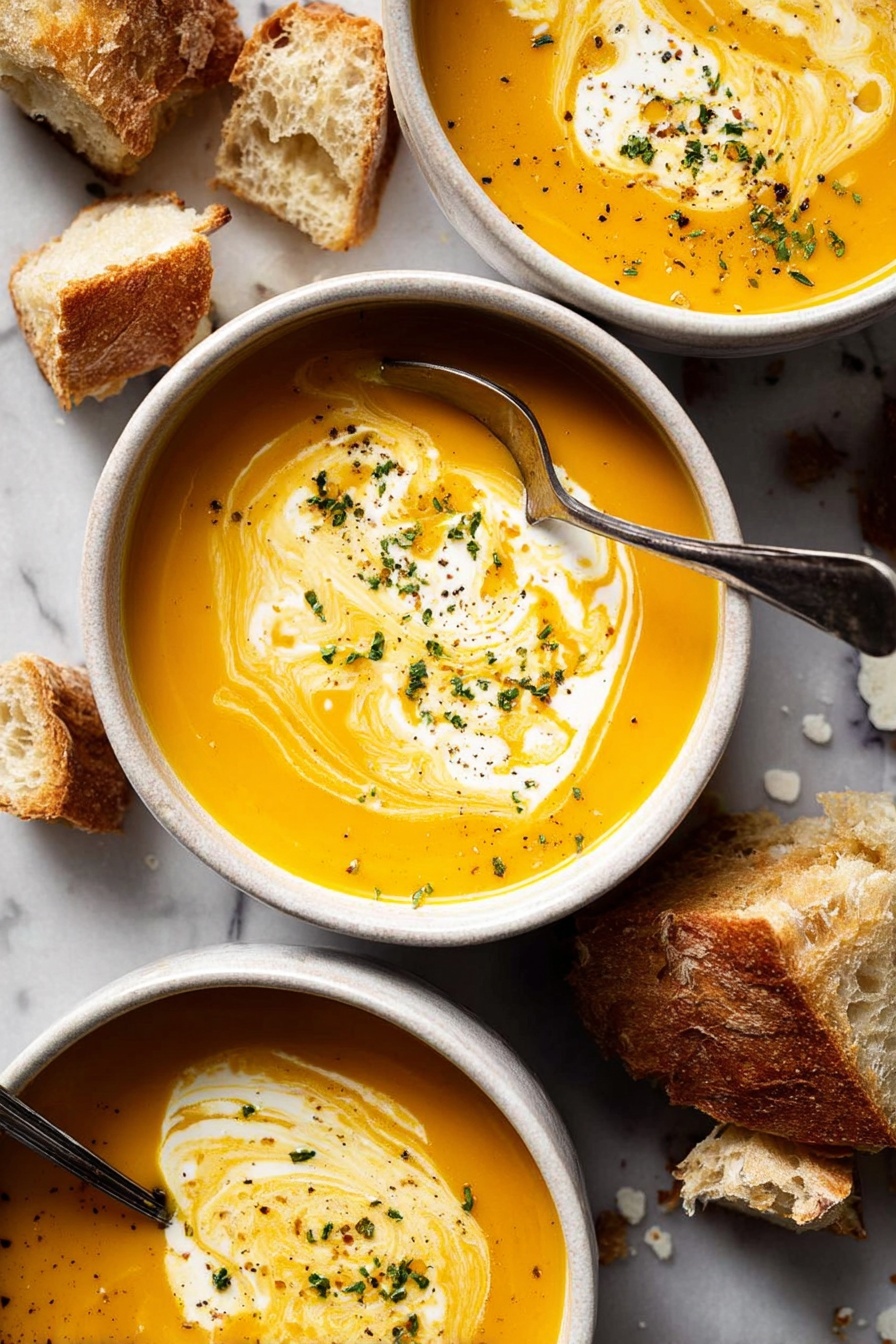 A light orange creamy soup is served in a white pot with a handle visible at the top and bottom. A metal ladle with a wooden handle is scooping some soup from the pot. There are swirls of white cream on the surface of the soup, mixed with green herbs sprinkled mostly near the middle and on one side. There is also a light dusting of orange spices scattered over the cream and around the soup. The background features a white marbled texture. Photo taken with an iphone --ar 2:3 --v 7 - Root Vegetable Soup with Curry Cream, comforting vegetable soup, creamy root vegetable soup, easy healthy soup recipes, curry flavored vegetable soup