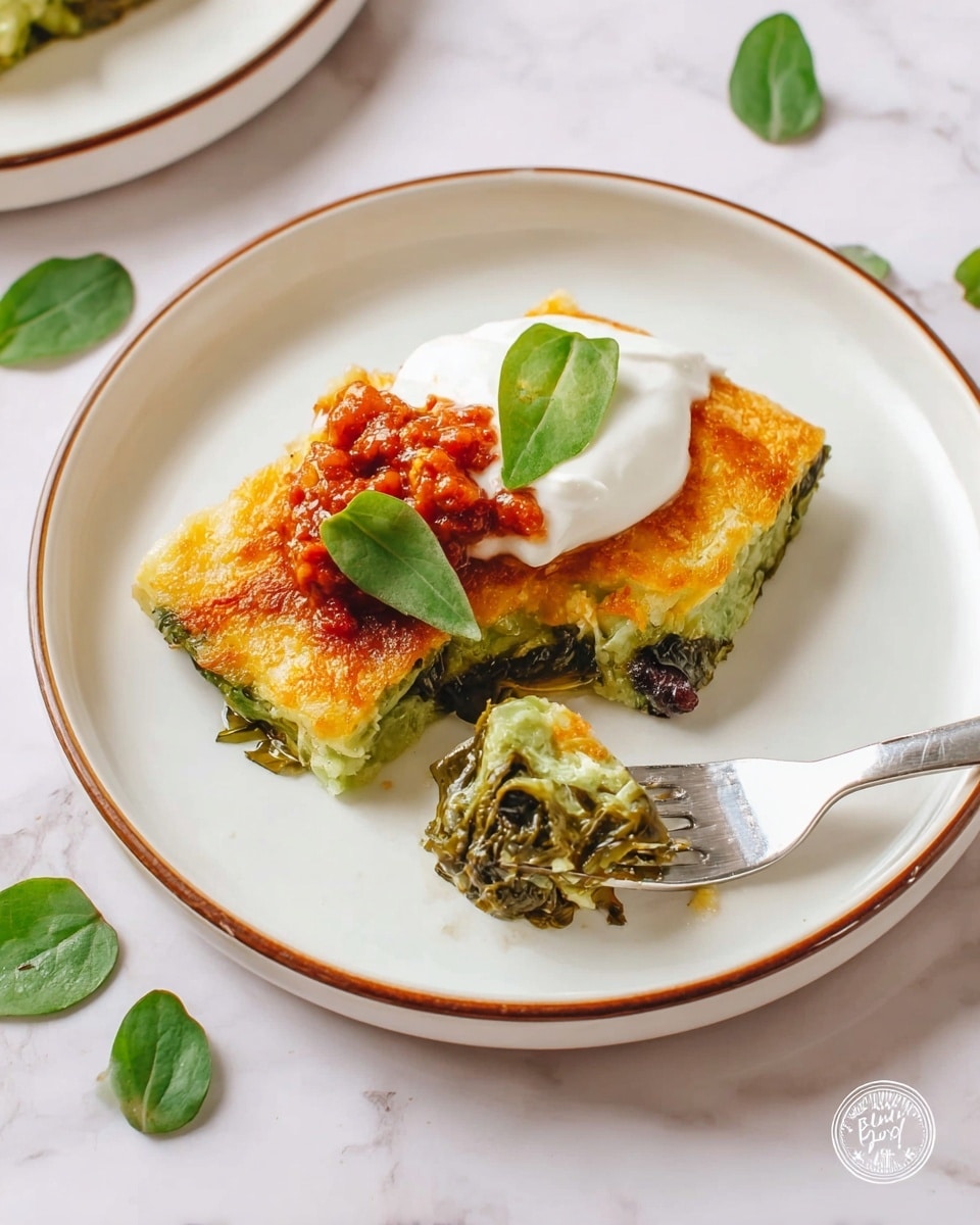 This image shows a dish with two main layers on a white plate with a thin brown rim, placed on a white marbled surface. The bottom layer is green and looks soft and leafy, while the top layer is a golden, crispy crust. On top of the dish, there is a dollop of white cream with a small amount of chunky red sauce and two small green leaves as garnish. A silver fork with a bite-sized piece of the dish is resting on the plate to the right. Scattered green leaves add a touch of freshness around the plate. Photo taken with an iphone --ar 4:5 --v 7