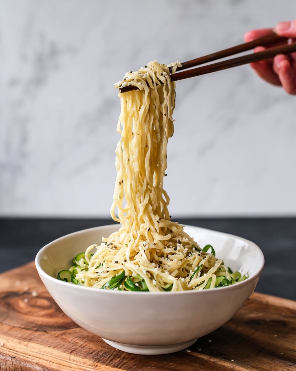 A white bowl filled with light brown broth and curly light beige noodles sitting in the center. On top, there is a generous layer of bright green sliced spring onions and sprinkled with small light tan sesame seeds. A pair of wooden chopsticks rests leaning on the bowl's edge. The bowl is placed on a round wooden board with a white marbled background visible behind it. Photo taken with an iphone --ar 4:5 --v 7
