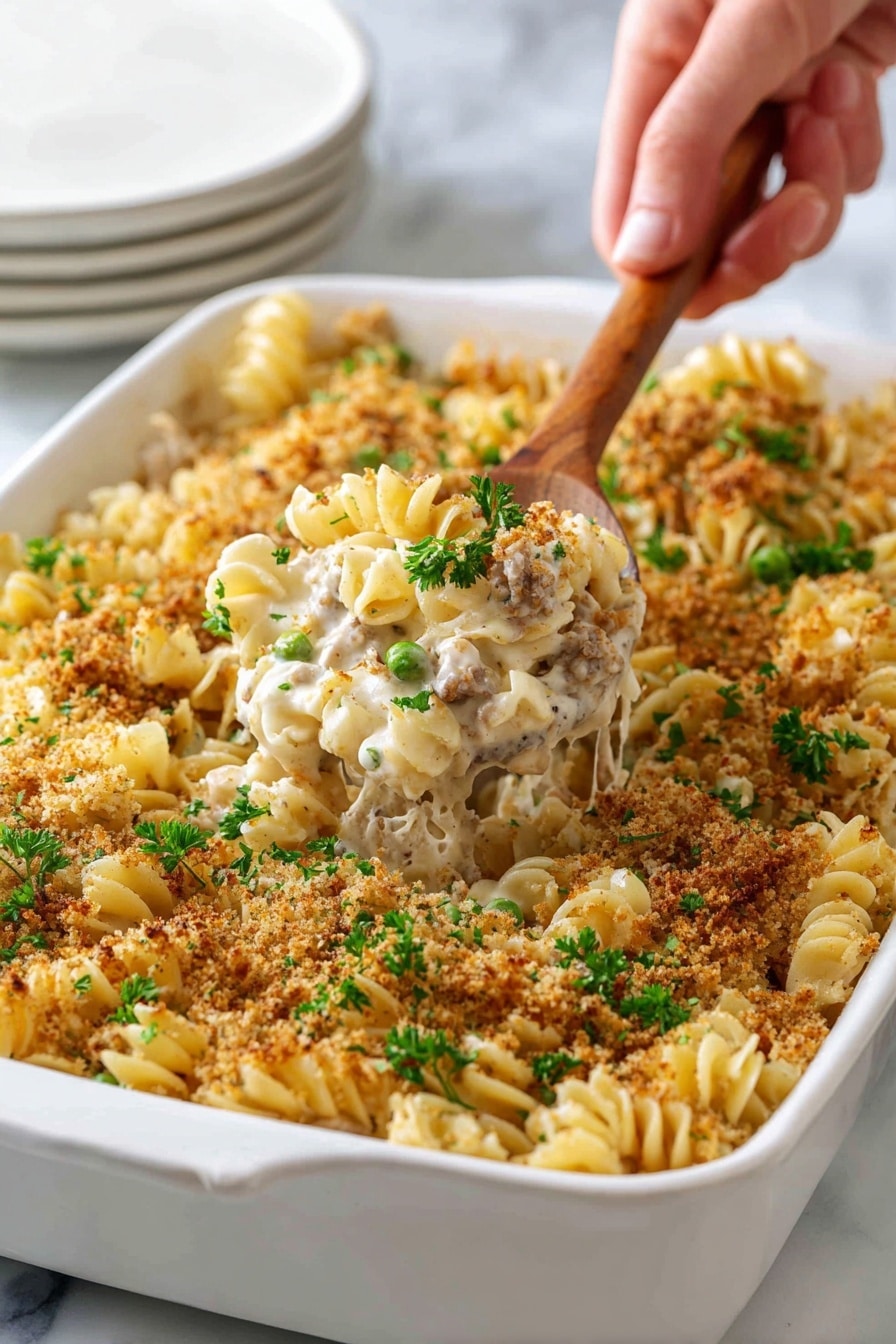 A white baking dish filled with a creamy pasta casserole made of curly pasta mixed with a white sauce, small pieces of light-colored meat, and green peas. The top layer is covered with a golden-brown crunchy breadcrumb topping, sprinkled with fresh green parsley pieces. At the front, a wooden spoon with a woman's hand holding it scoops out a portion, showing the creamy inside with visible pasta, meat, and peas. The dish sits on a white marbled surface with a stack of white plates blurred in the background. photo taken with an iphone --ar 2:3 --v 7 - Creamy Tuna Noodle Casserole, Tuna Noodle Casserole, Easy Tuna Casserole, Comfort Food Recipes, Weeknight Dinners